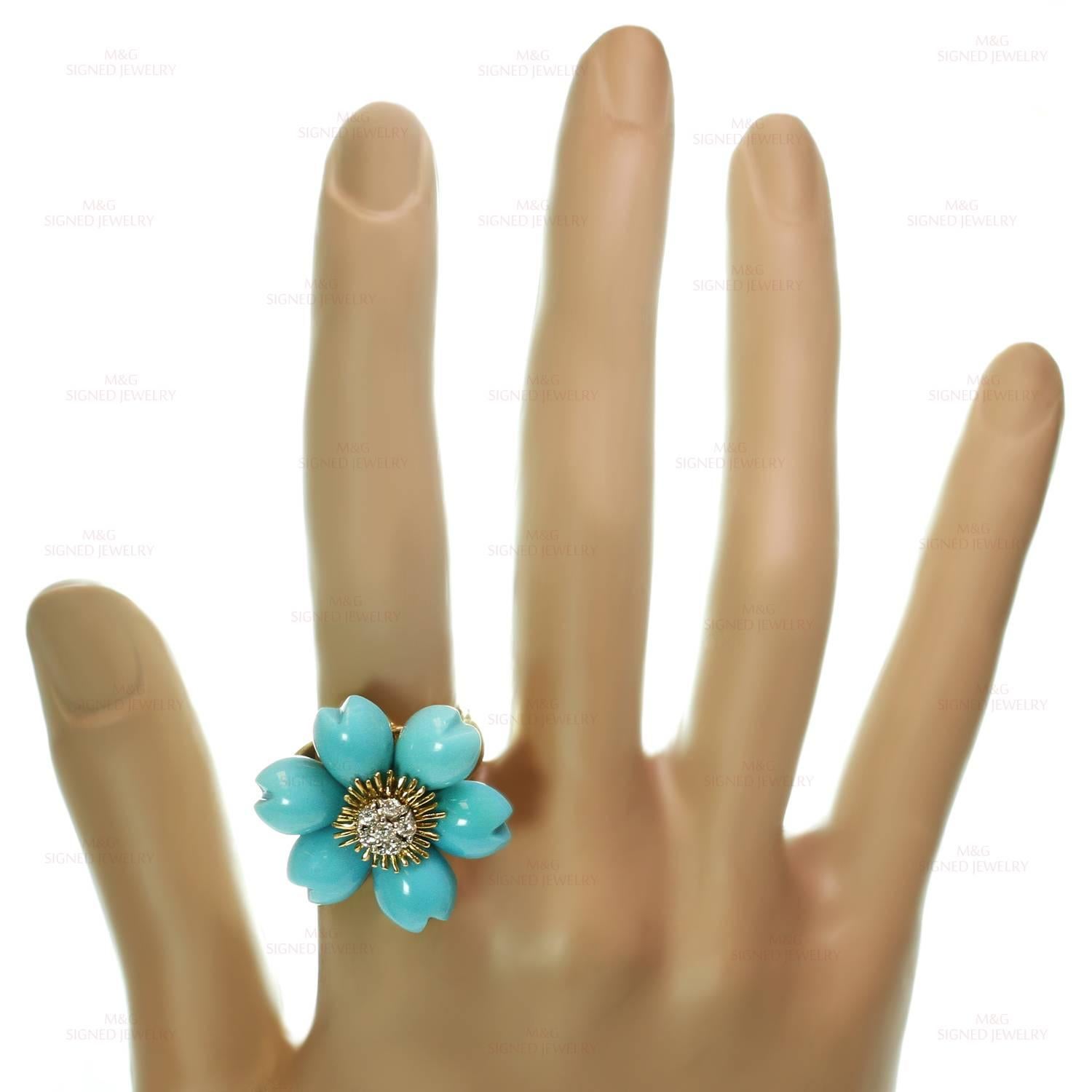Flower Petal Turquoise Diamond Gold Demi Parure Earrings and Ring In Excellent Condition In New York, NY