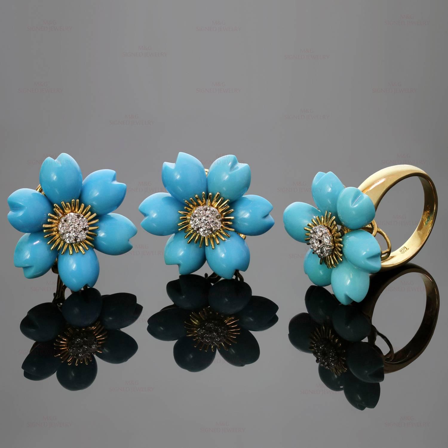This stunning Demi Parure  earrings & ring set features a bright floral design crafted in 18k yellow gold. The clip-on earrings are set with 12 carved turquoise petals and 12 round brilliant-cut diamonds weighing an estimated 0.45 carats and are