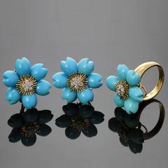 Flower Petal Turquoise Diamond Gold Demi Parure Earrings and Ring