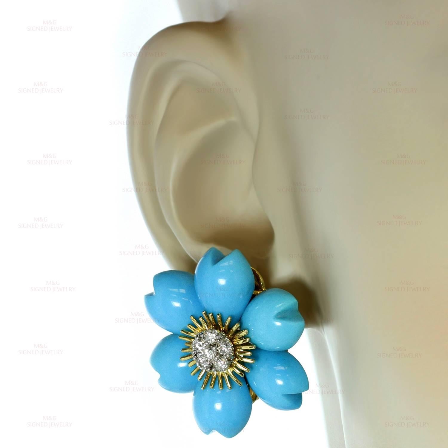 Women's Flower Petal Turquoise Diamond Gold Demi Parure Earrings and Ring