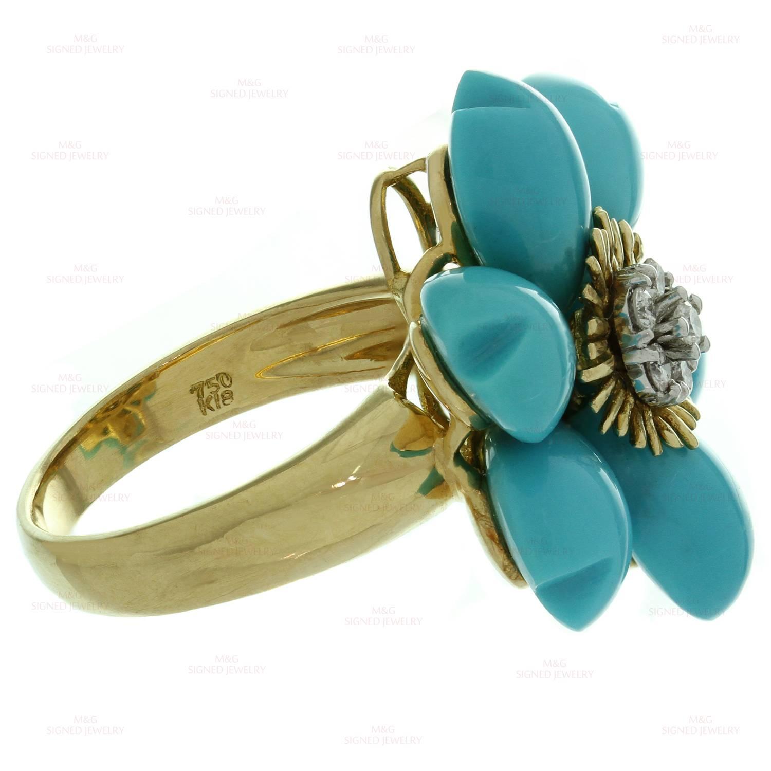 Flower Petal Turquoise Diamond Gold Demi Parure Earrings and Ring 3