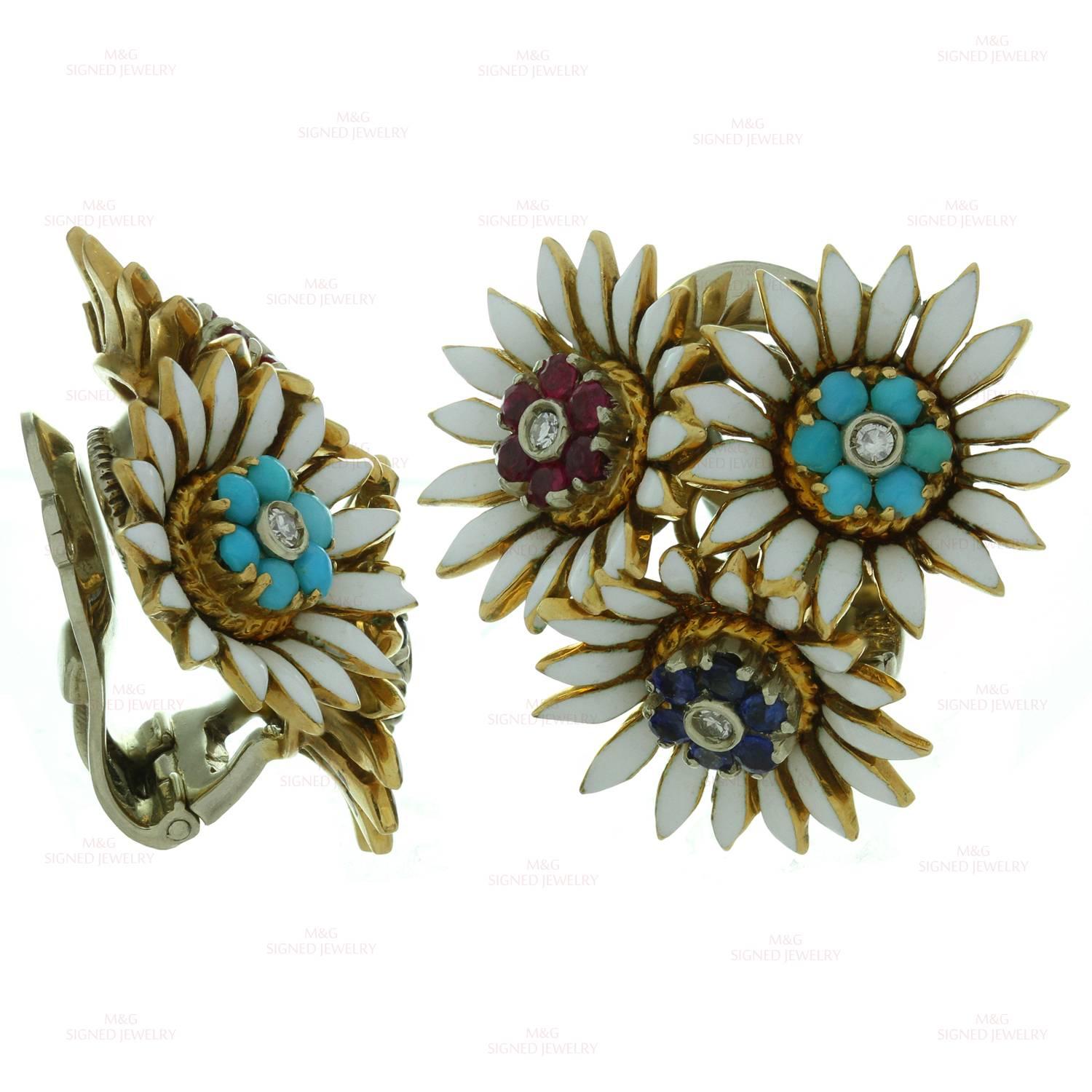 1940er Jahre Blumenohrringe, italienisch multicolor Edelstein Emaille Diamant Gold (Alteuropäischer Schliff) im Angebot
