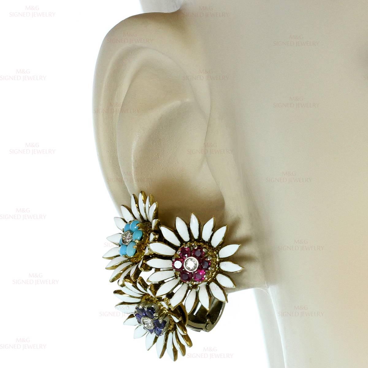 1940er Jahre Blumenohrringe, italienisch multicolor Edelstein Emaille Diamant Gold im Zustand „Hervorragend“ im Angebot in New York, NY