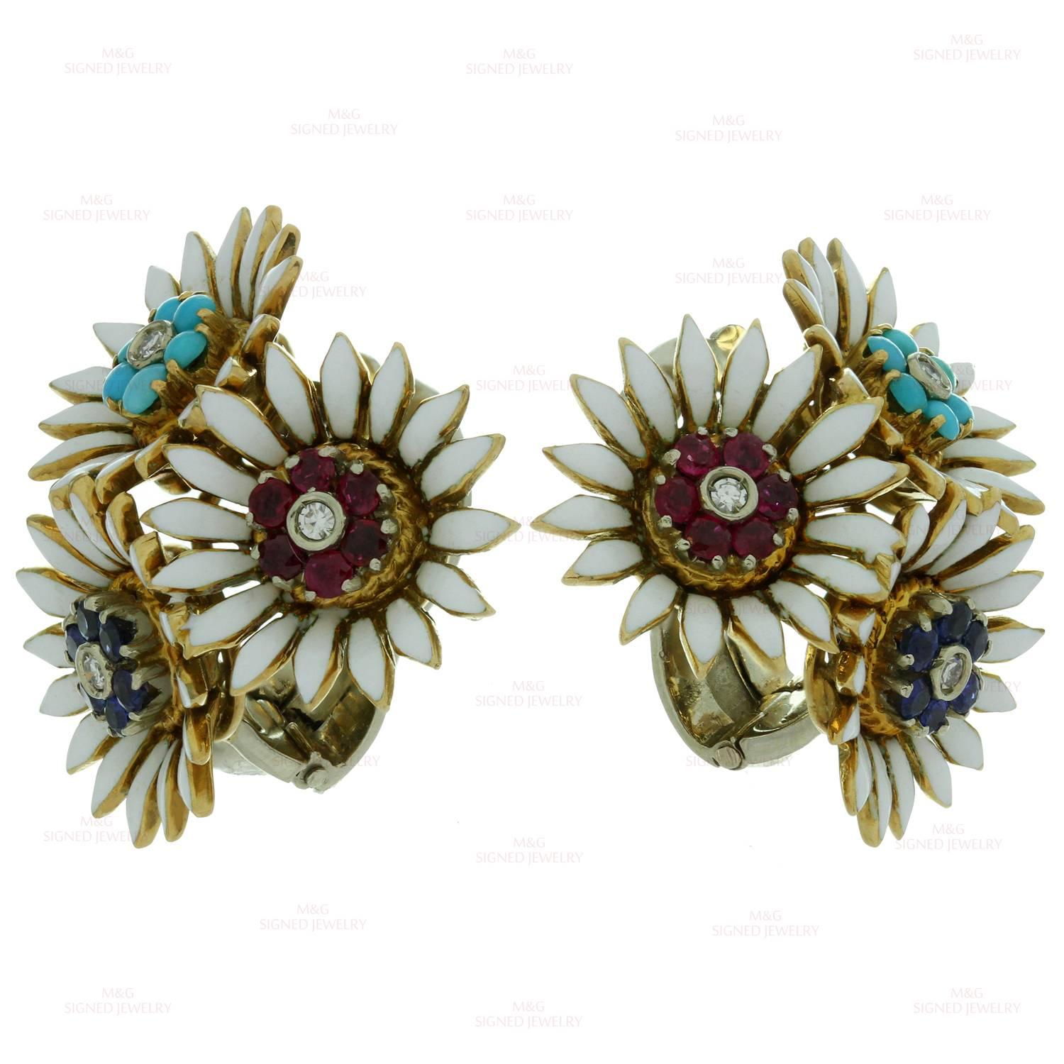 Old European Cut 1940s Italian Multicolor Gemstone Enamel Diamond Gold Flower Earrings For Sale