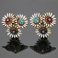 1940s Italian Multicolor Gemstone Enamel Diamond Gold Flower Earrings