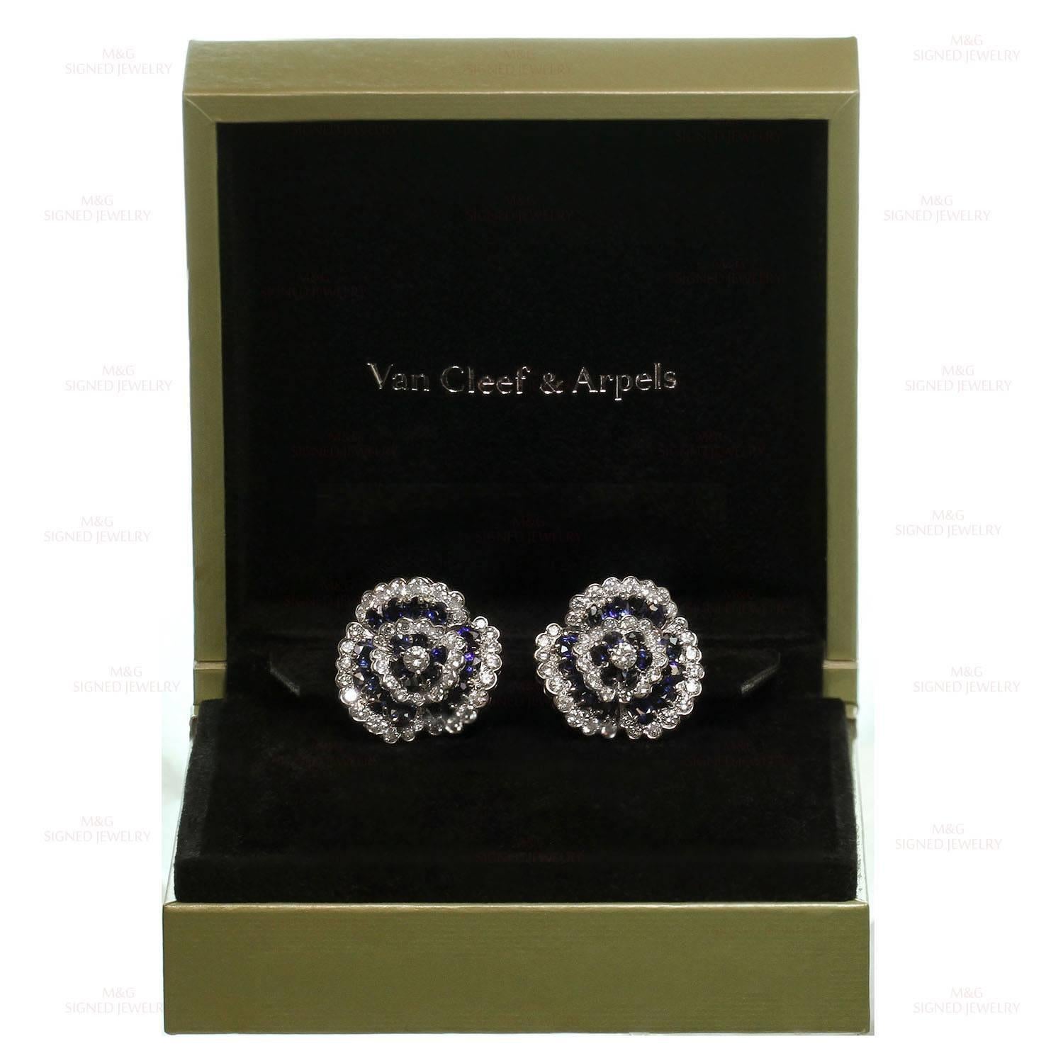 Women's Van Cleef & Arpels Blue Sapphire Diamond Platinum Camellia Clip-on Earrings