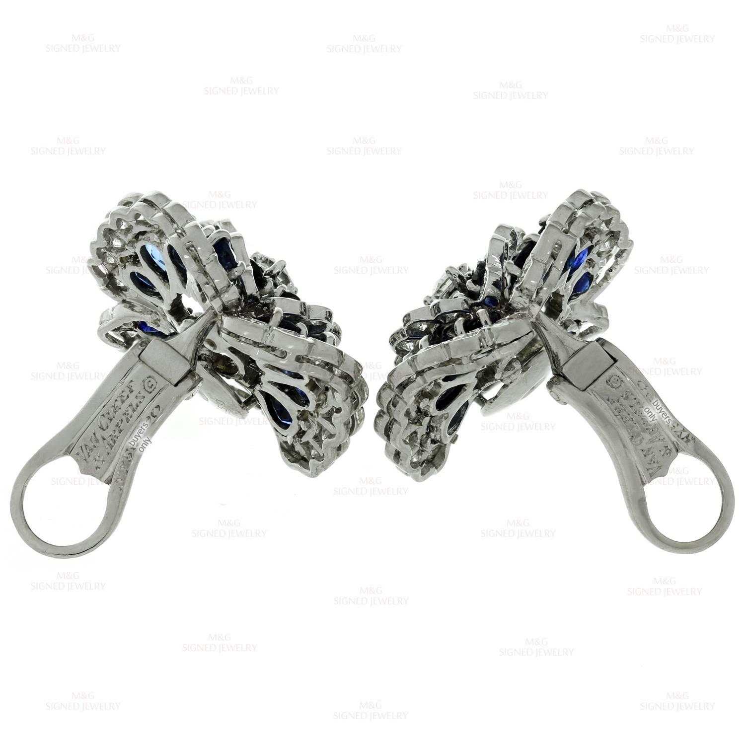 Van Cleef & Arpels Blue Sapphire Diamond Platinum Camellia Clip-on Earrings 4