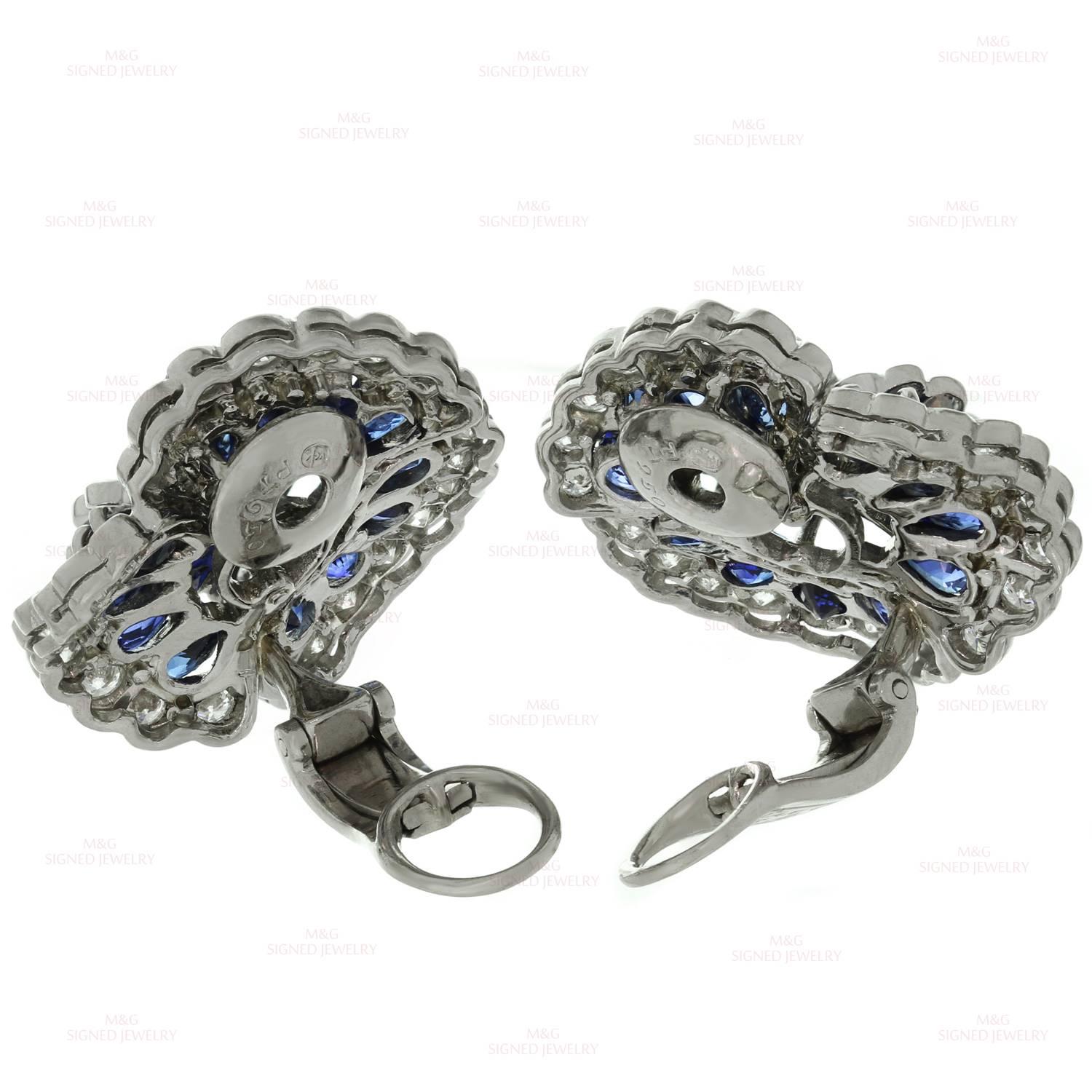 Van Cleef & Arpels Blue Sapphire Diamond Platinum Camellia Clip-on Earrings 3