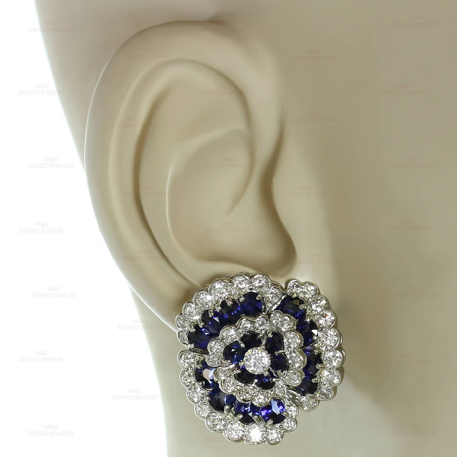 Van Cleef & Arpels Blue Sapphire Diamond Platinum Camellia Clip-on Earrings 1