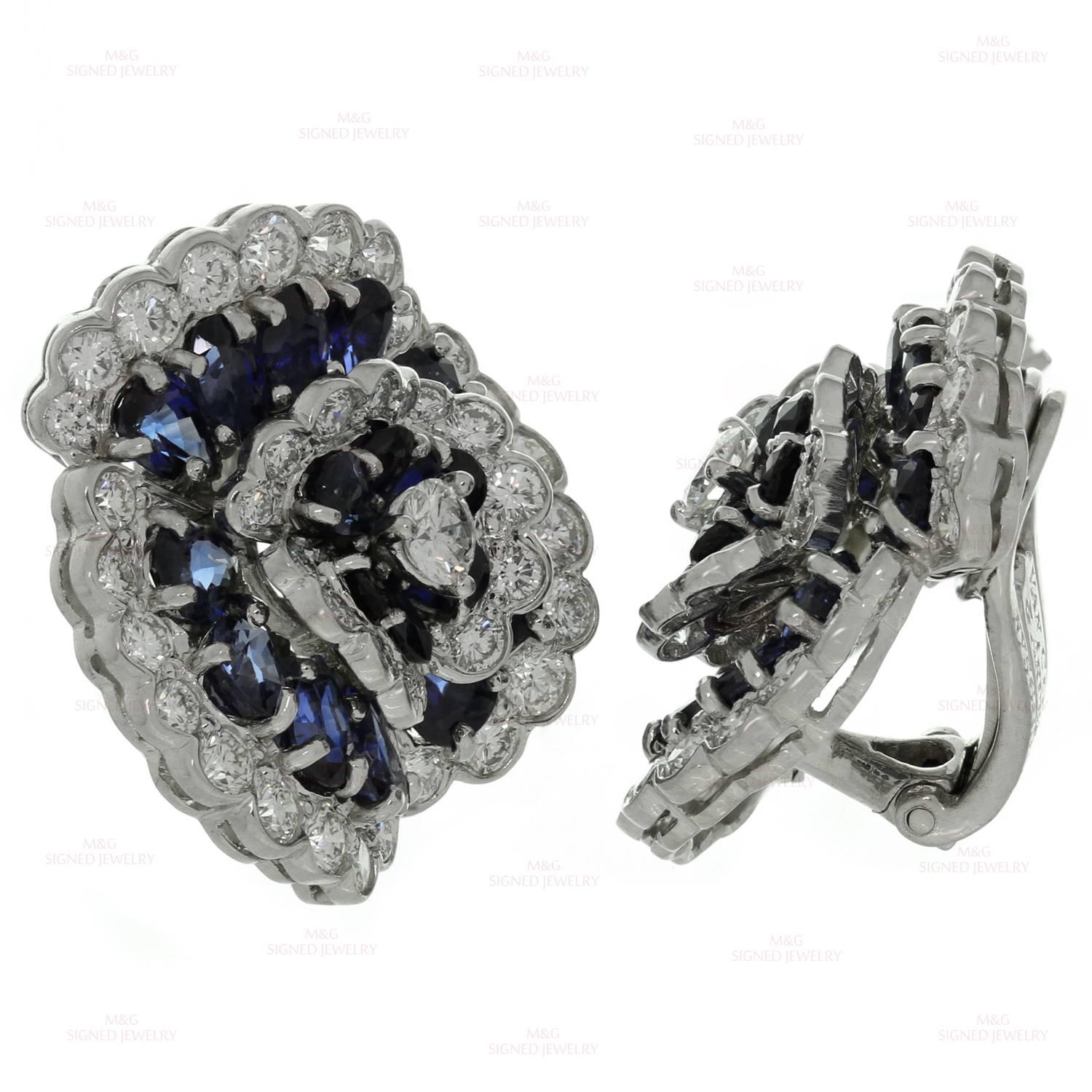 Van Cleef & Arpels Blue Sapphire Diamond Platinum Camellia Clip-on Earrings 2