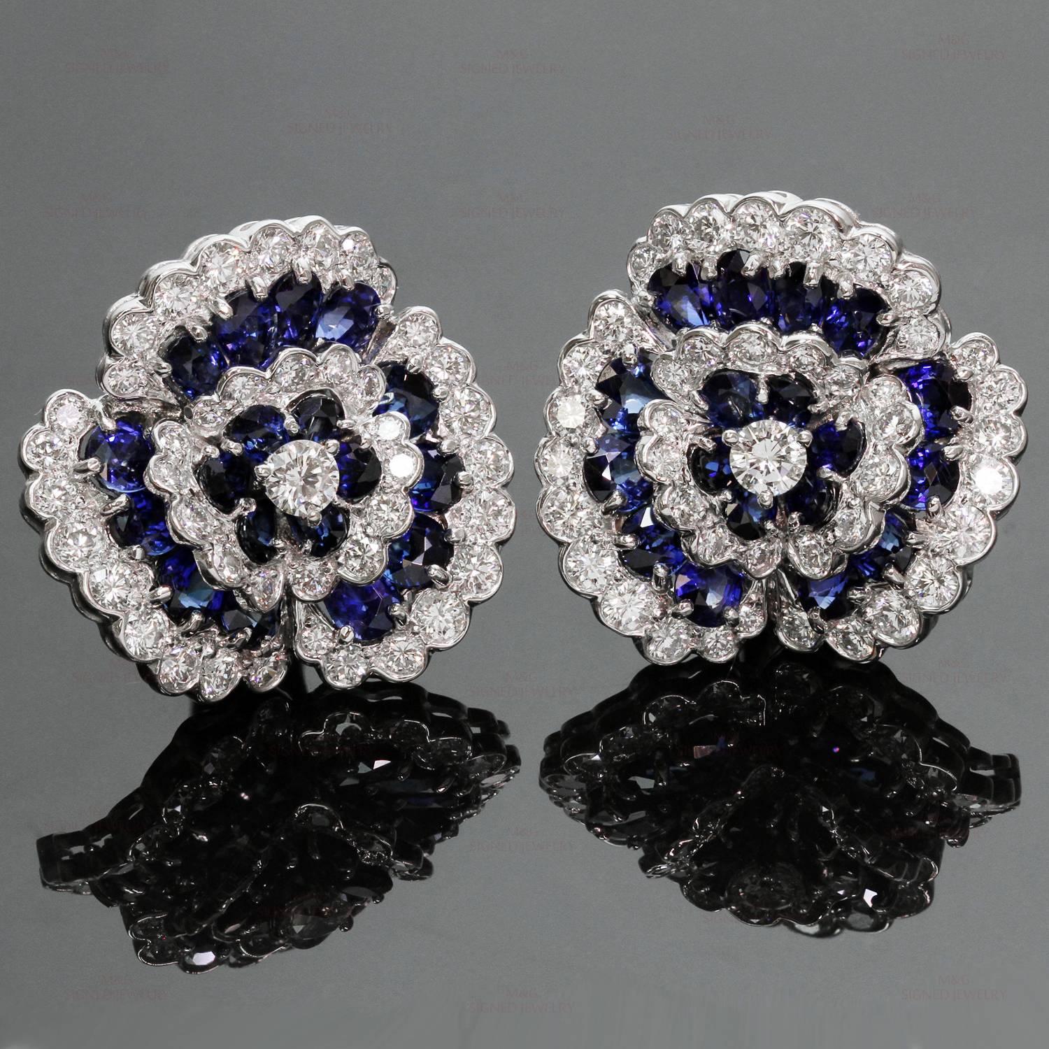 Van Cleef & Arpels Blue Sapphire Diamond Platinum Camellia Clip-on Earrings In Good Condition In New York, NY