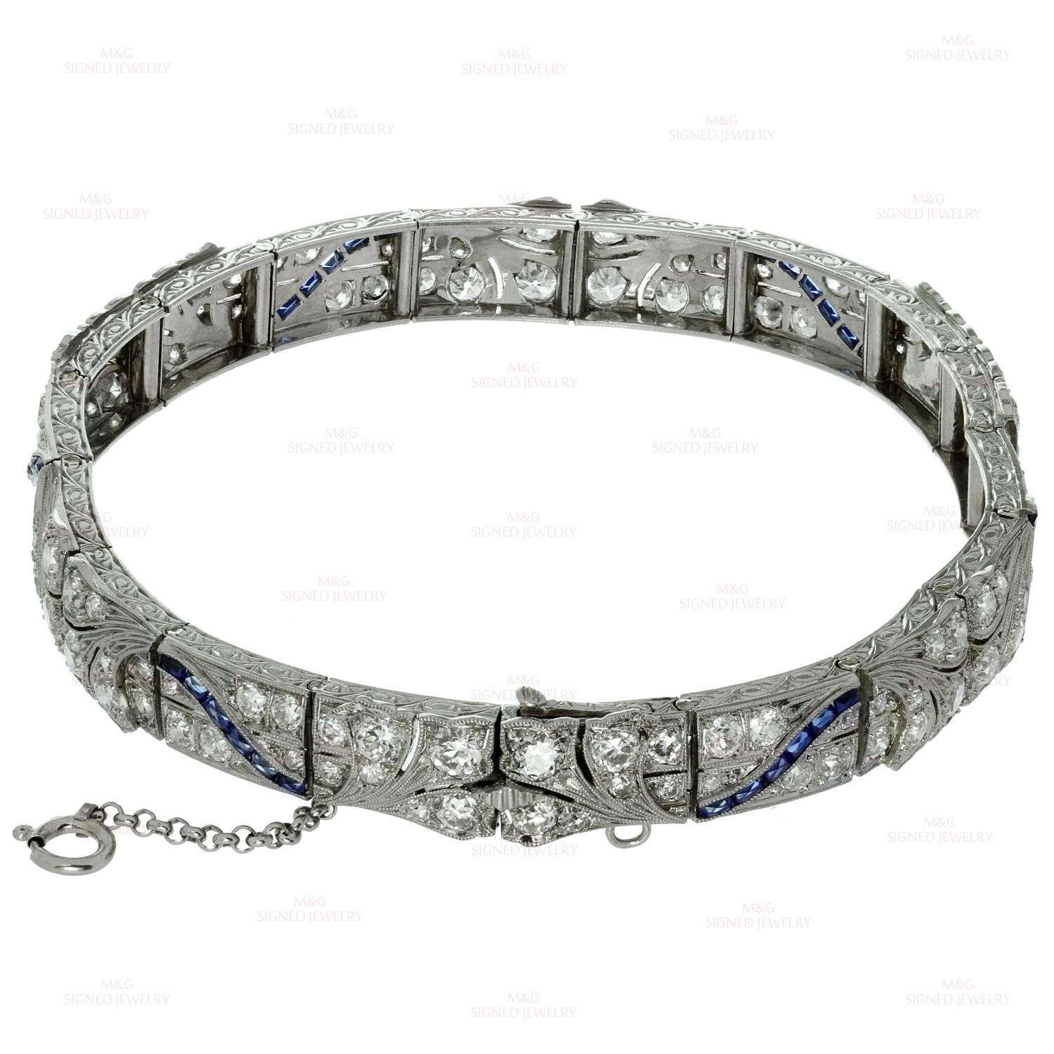 1930s Art Deco Blue Sapphire Diamond Platinum Bracelet 1