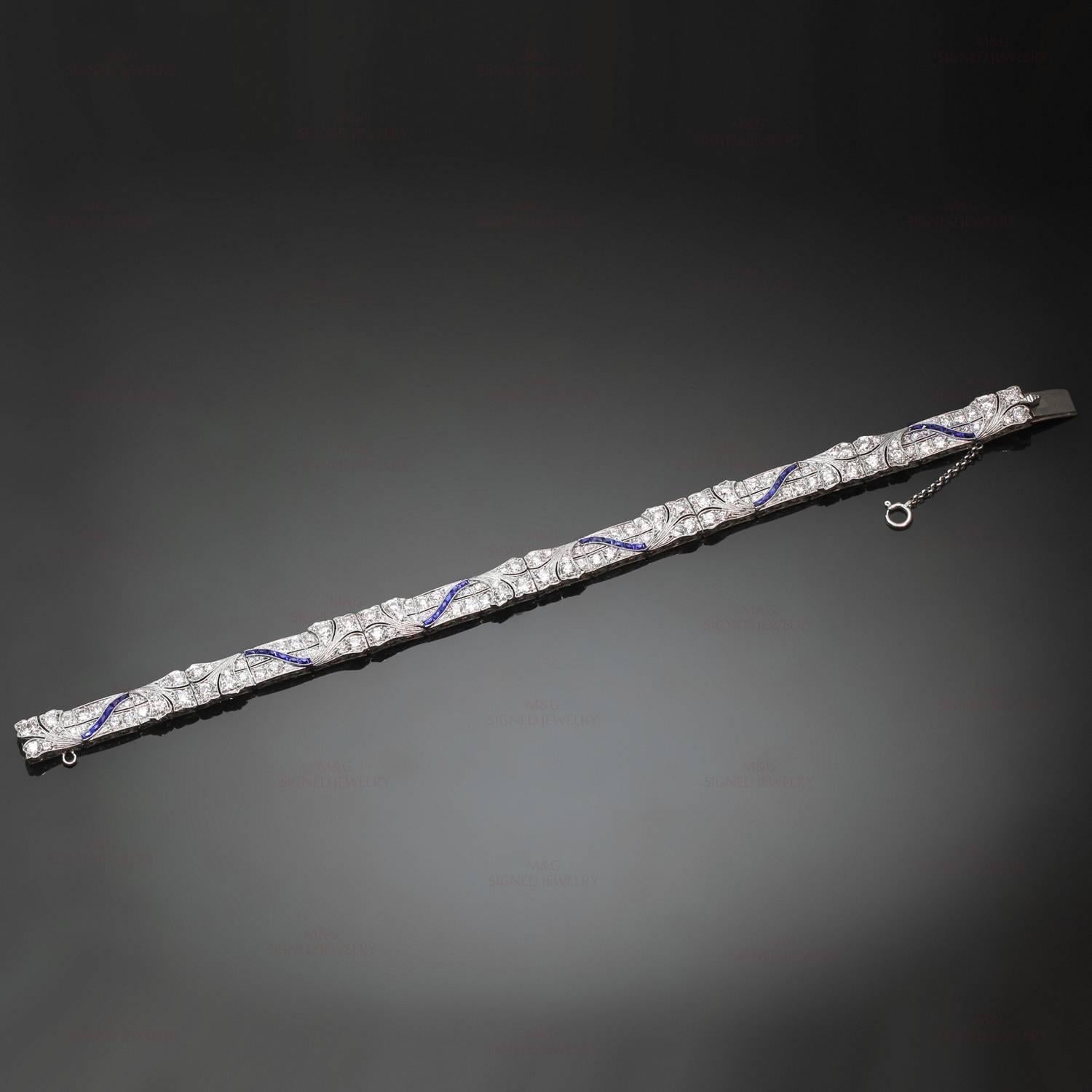 1930s Art Deco Blue Sapphire Diamond Platinum Bracelet In Good Condition In New York, NY