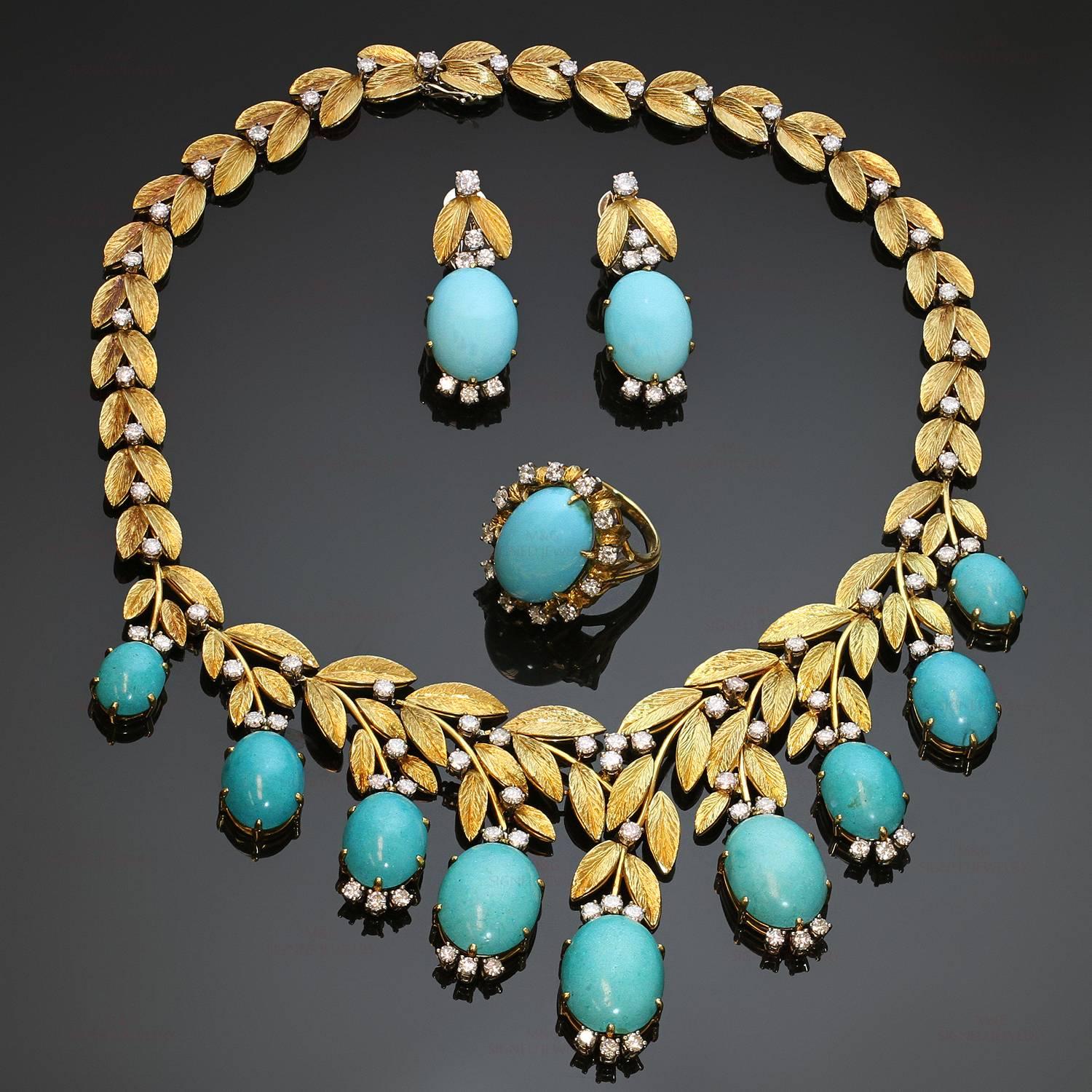 This fabulous vintage suite features a foliate design crafted in 18k yellow gold and set with oval cabochon turquoise stones and brilliant-cut round diamonds of an estimated 10.0 carats. The jewelry set consists of a necklace with chased leaf links