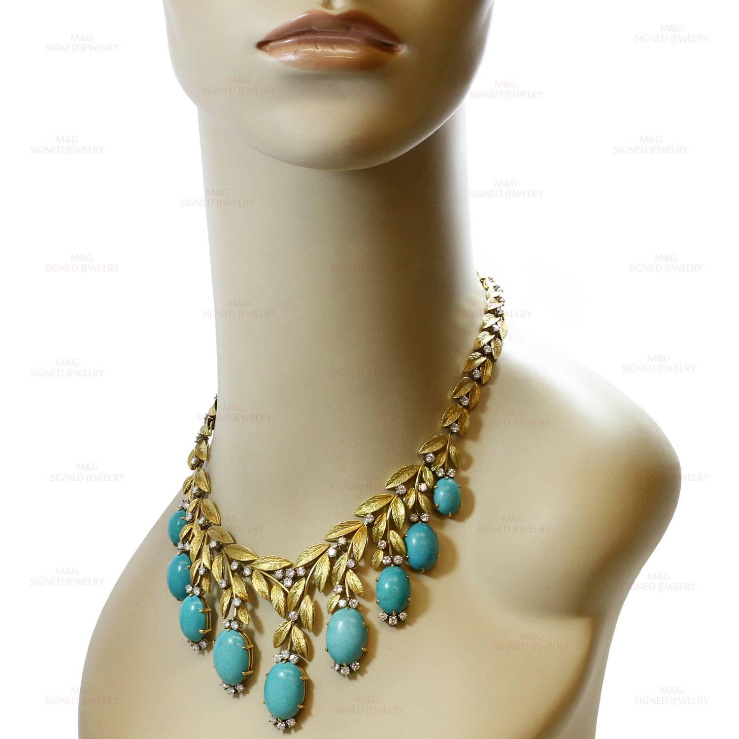1960s Turquoise Diamond Gold Necklace Earrings and Ring Suite In Good Condition In New York, NY
