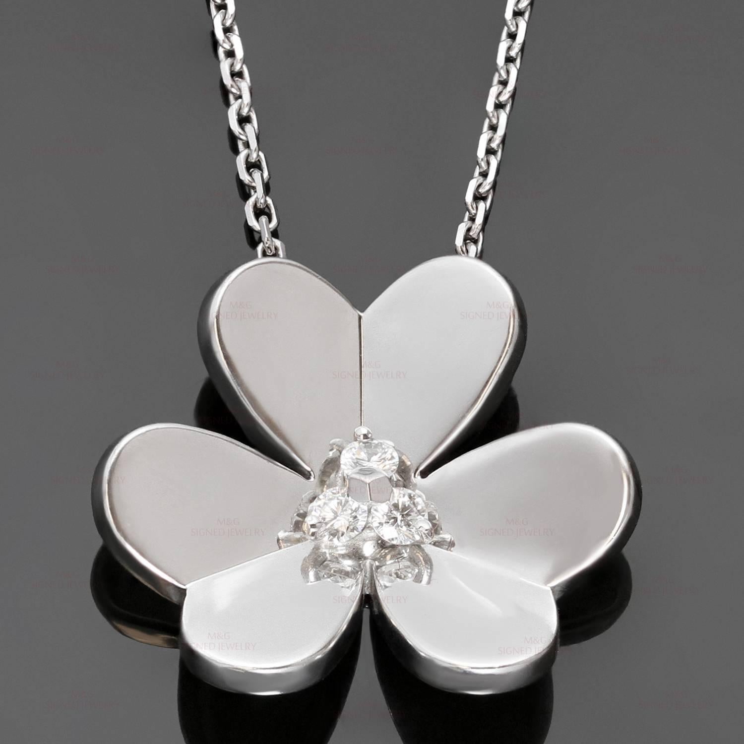 This elegant Van Cleef and Arpels necklace from the iconic Frivole collection is crafted in 18k white gold and features a delicate flower pendant set with 3 brilliant-cut round diamonds of an estimated 0.16 carats. Made in France circa 2010s.