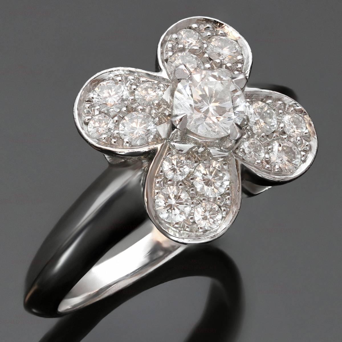 This stunning Van Cleefs & Arpels ring from the classic Trefle collection is made in 18k white gold and features a clover motif set with brilliant-cut round diamonds of an estimated 0.75 carats. Made in France circa 2010s. Measurements: