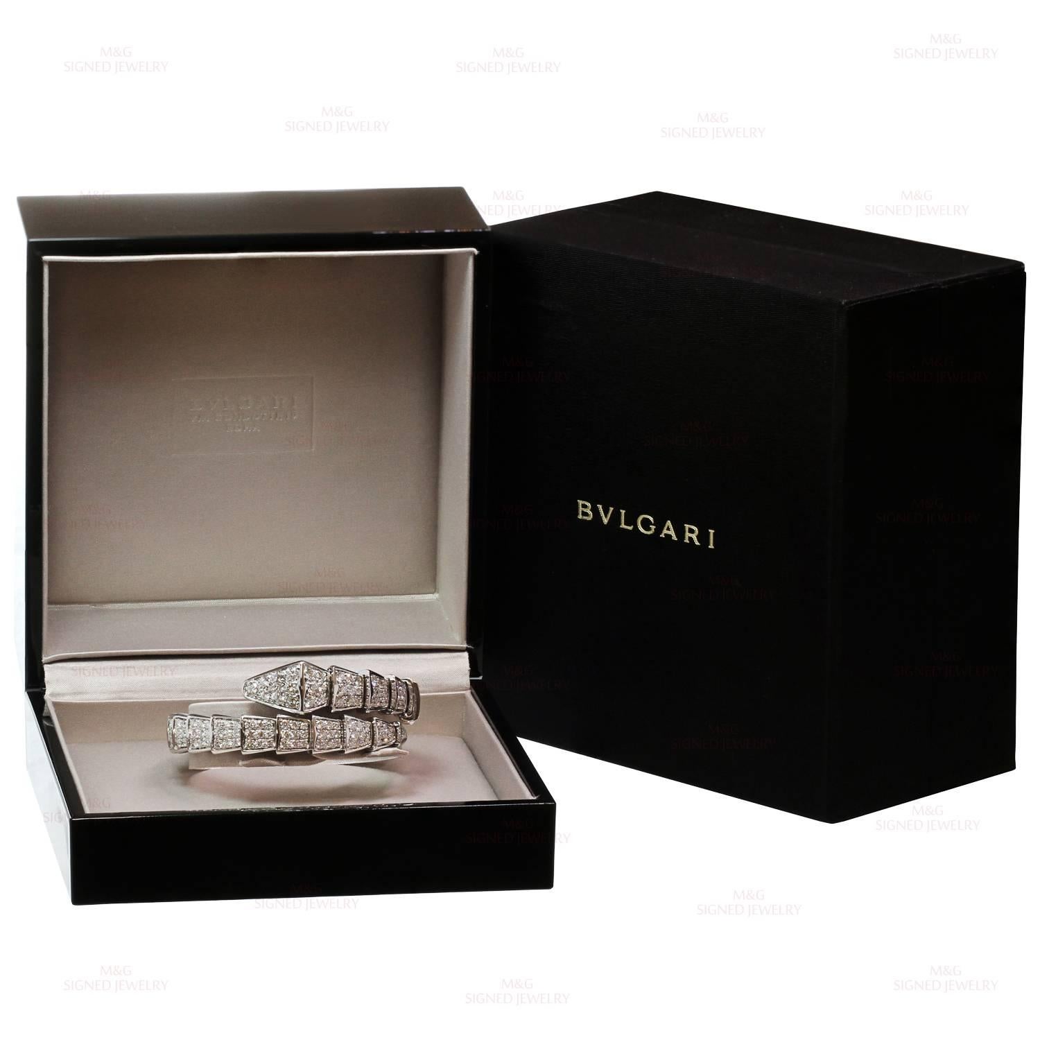This fabulous Bulgari bracelet from the classic Serpenti collection is crafted in 18k white gold and fully pave-set with brilliant-cut round diamonds of an estimated 6.80 carats. This flexible bracelet will comfortably fit a wrist of up to 6.5