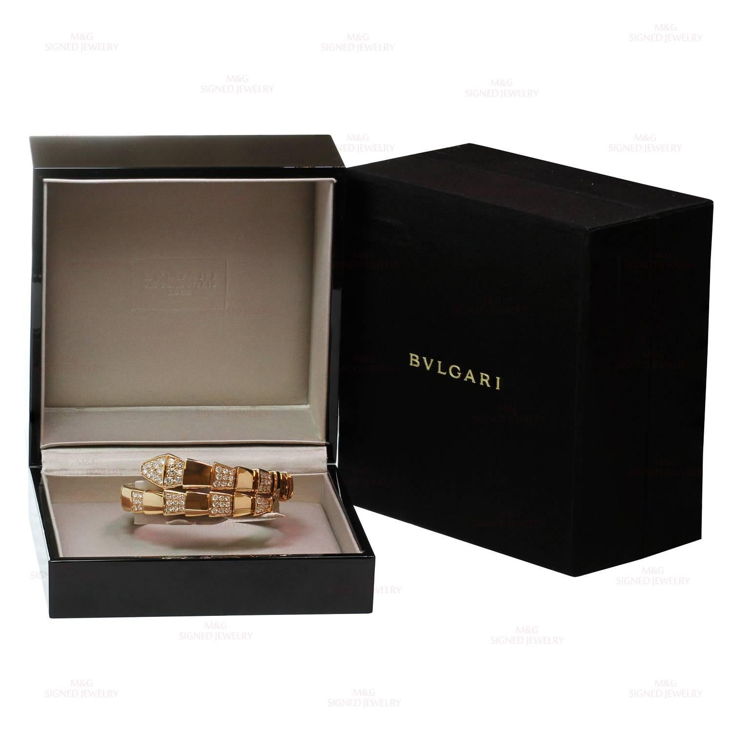 This fabulous Bulgari bracelet from the classic Serpenti collection is crafted in 18k rose gold and pave-set with brilliant-cut round diamonds of an estimated 5.50 carats. This flexible bracelet will comfortably fit a wrist of up to 7 inches in