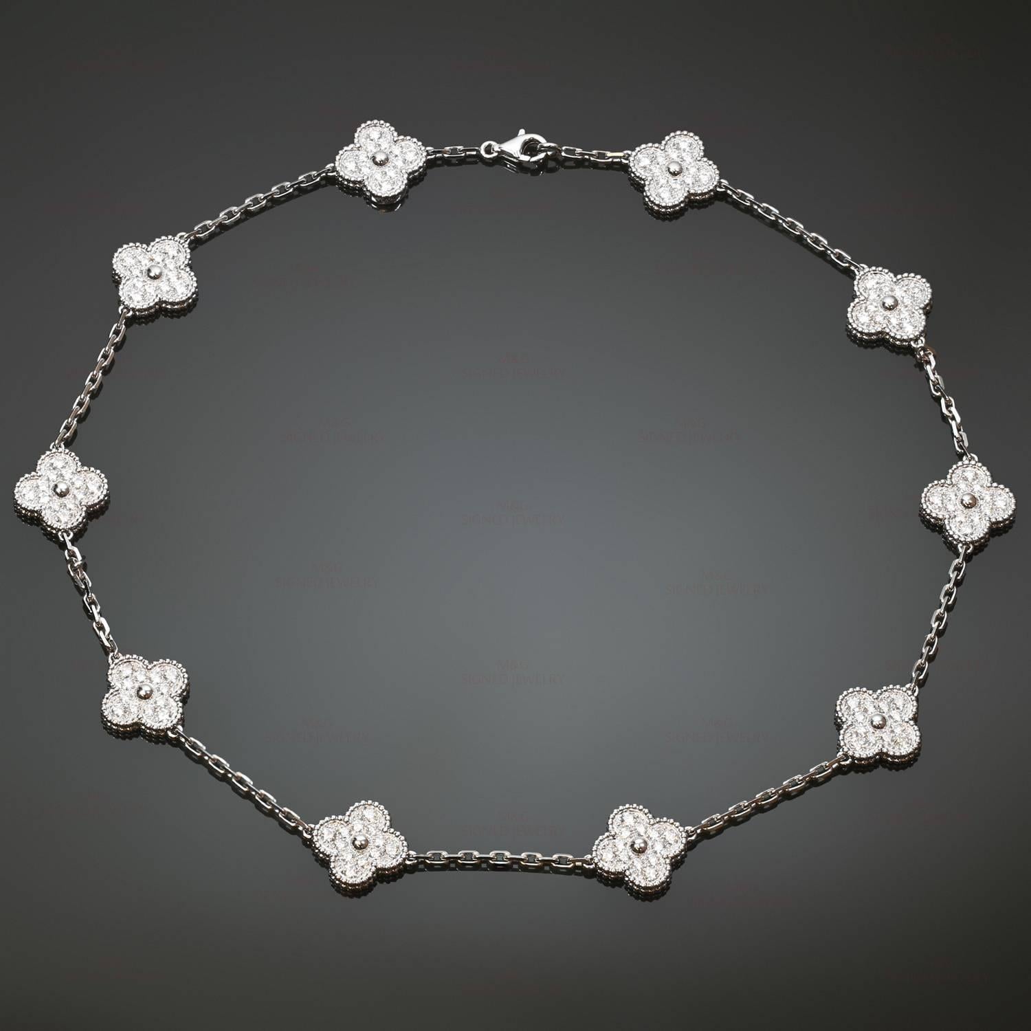 This classic like-new Van Cleef & Arpels necklace from the iconic Vintage Alhambra collection is crafted in 18k white gold and features 10 lucky clover motifs beautifully set with sparkling brilliant-cut round diamonds of an estimated 4.85 carats.