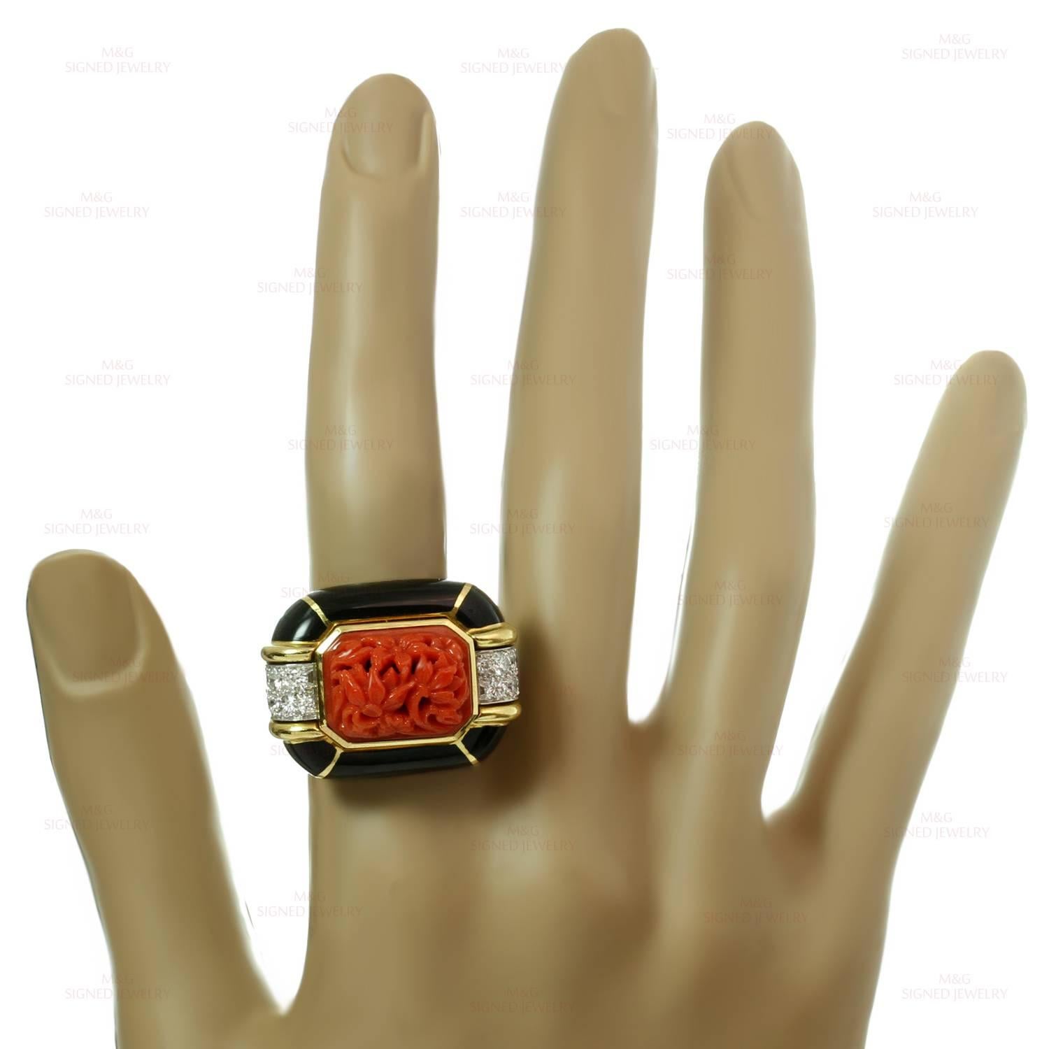 David Webb Enamel Coral Diamond Gold Platinum Ring In Excellent Condition In New York, NY
