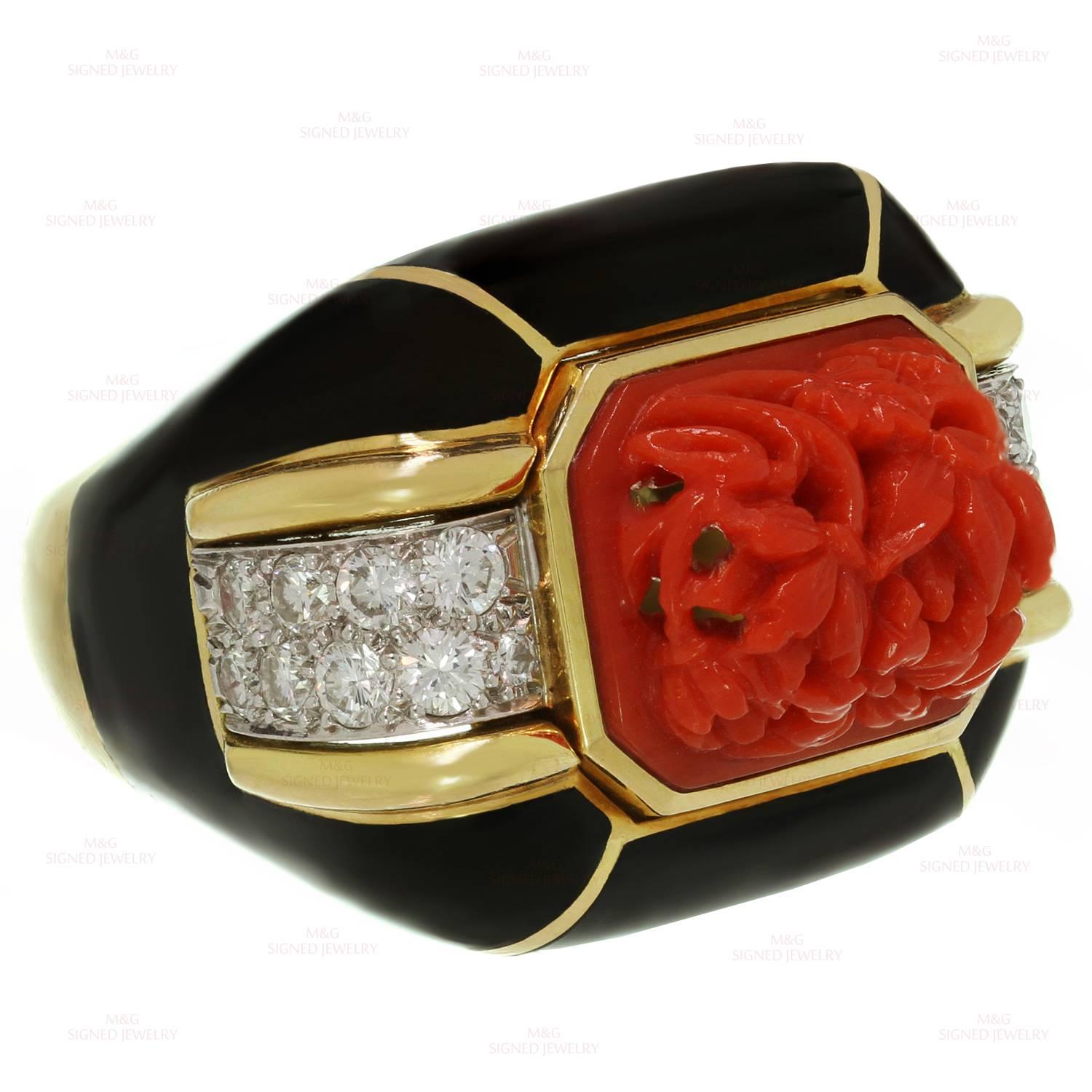 Women's David Webb Enamel Coral Diamond Gold Platinum Ring