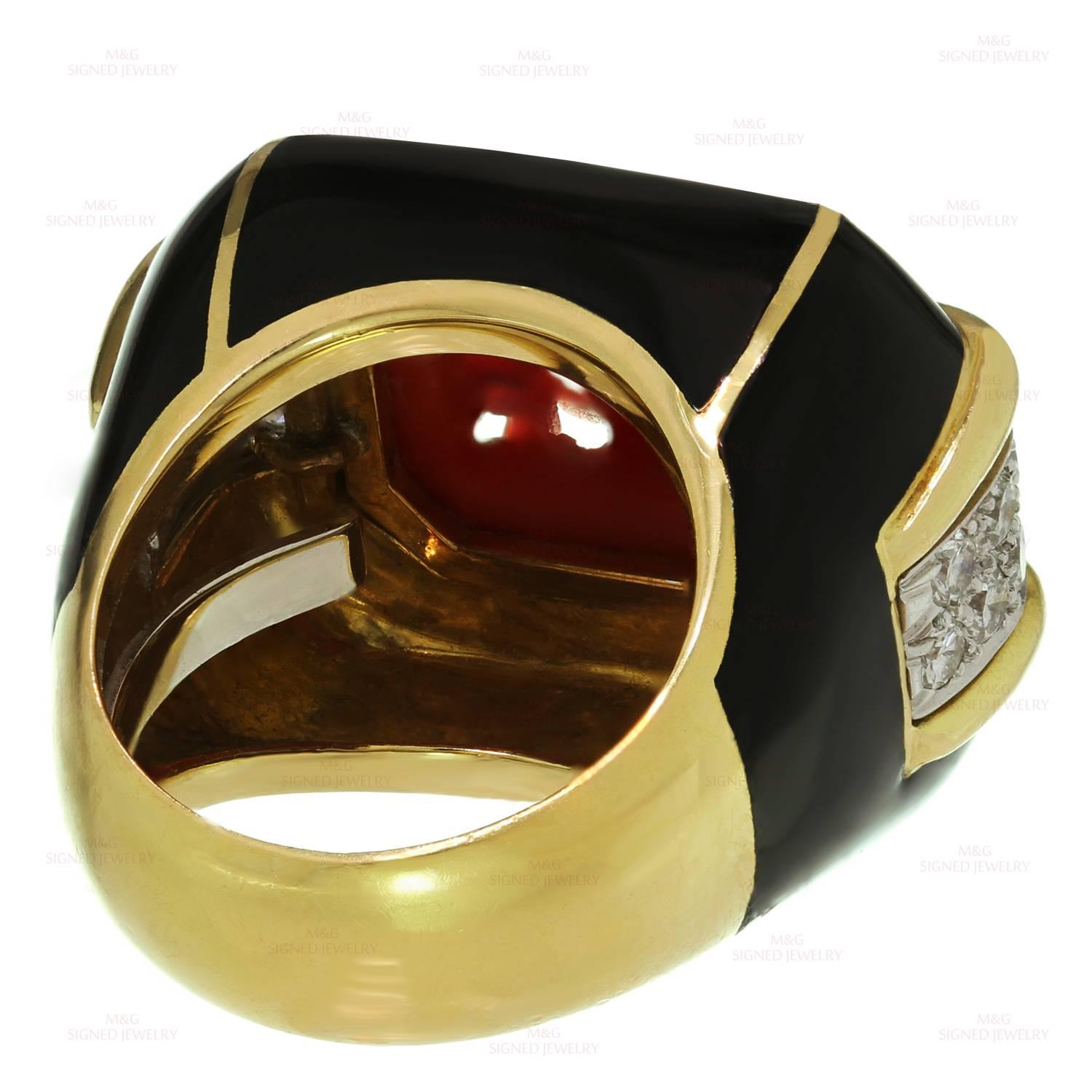 David Webb Enamel Coral Diamond Gold Platinum Ring 1