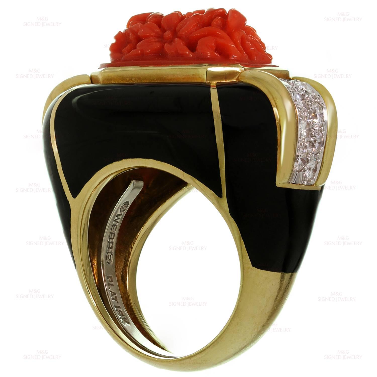 David Webb Enamel Coral Diamond Gold Platinum Ring 2