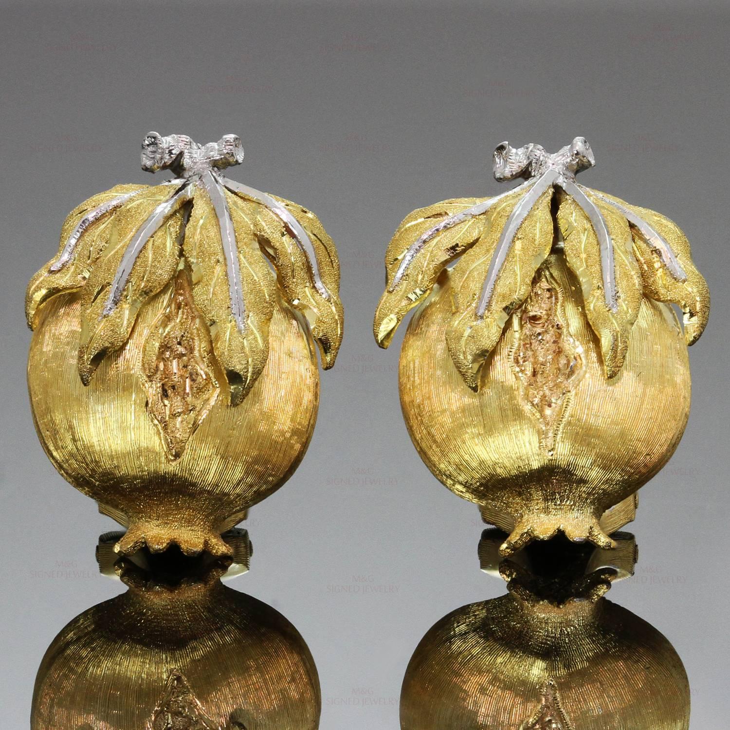These stunning Buccellati clip-on earrings feature a textured pomegranate design crafted in 18k yellow gold with 18k white gold accents. Made in Italy circa 2016. Measurements: 0.59