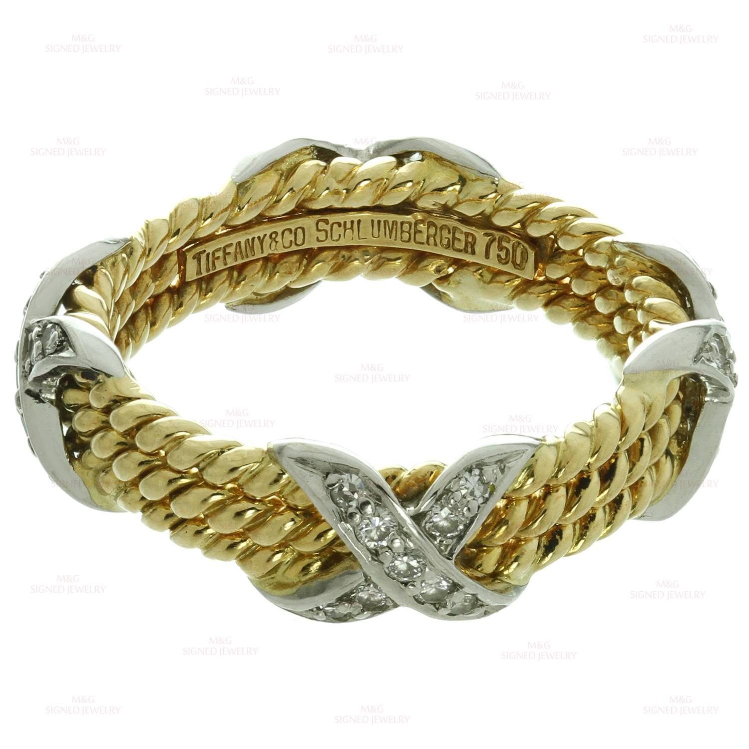 Tiffany & Co. Schlumberger 3 Row Diamond Platinum Gold Rope Design Ring  In Excellent Condition In New York, NY