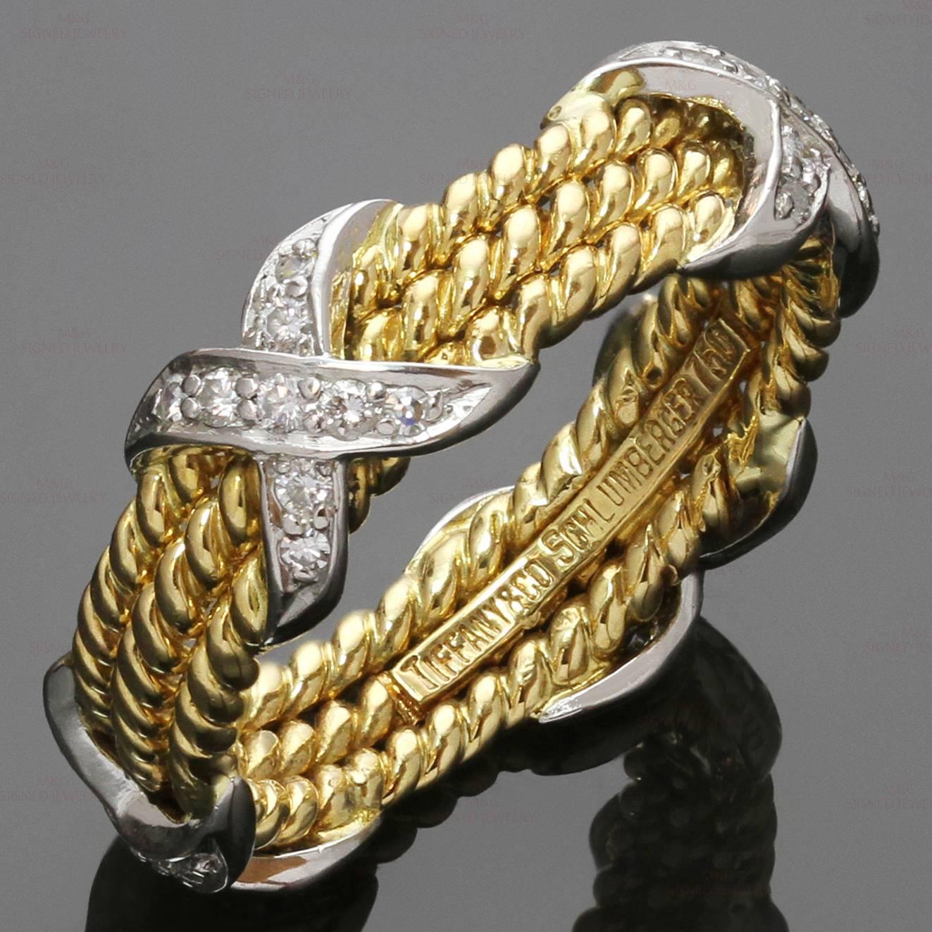 This classic Tiffany & Co. ring was designed by Jean Schlumberger and features a 3-row rope design crafted in 18k yellow gold and accented with 4 platinum X motifs set with brilliant-cut round diamonds of an estimated 0.28 carats. Made in United