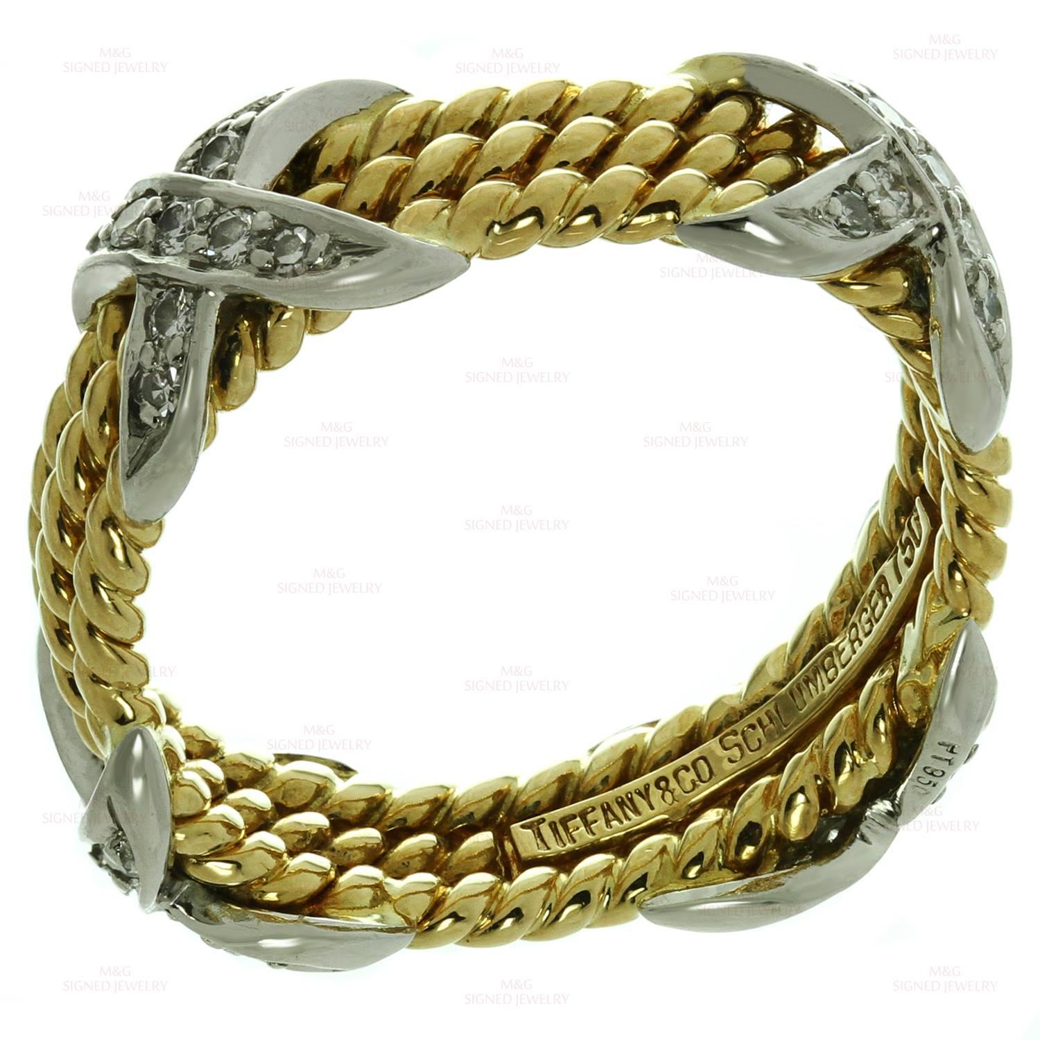 Tiffany & Co. Schlumberger 3 Row Diamond Platinum Gold Rope Design Ring  2