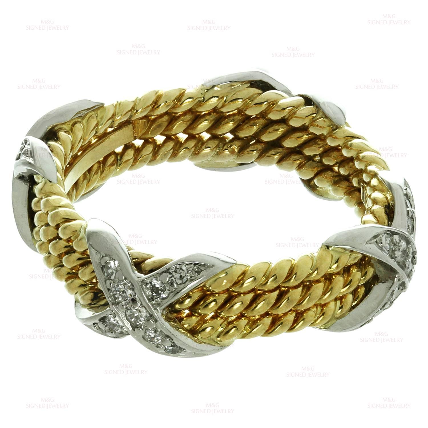 Tiffany & Co. Schlumberger 3 Row Diamond Platinum Gold Rope Design Ring  1