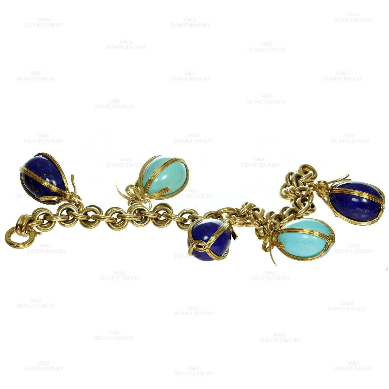 Women's Tiffany & Co. Schlumberger Turquoise Lapis Lazuli Egg Charms Bracelet 