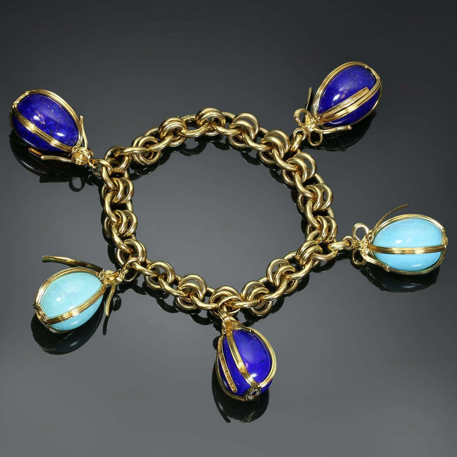 This exquisite Tiffany bracelet designed by Schlumberger is crafted in 18k yellow gold and features 5 genuine turquoise and lapis lazuli egg-shaped charms. Made in United States circa 2000s. Measurements: 7.5
