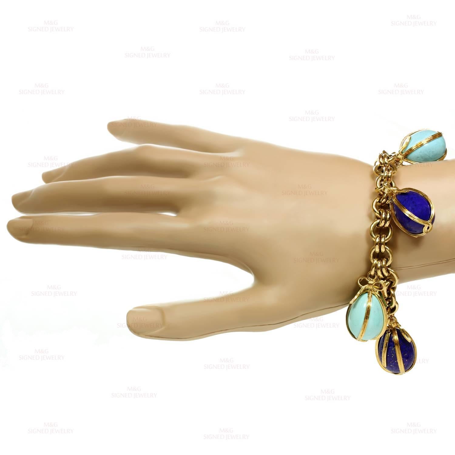 Tiffany & Co. Schlumberger Turquoise Lapis Lazuli Egg Charms Bracelet  In Excellent Condition In New York, NY