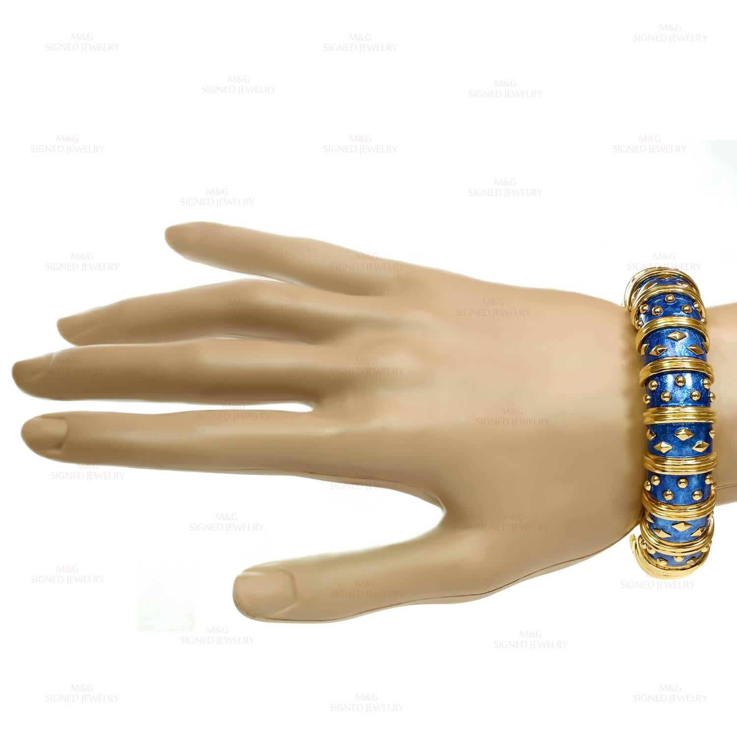 Tiffany & Co. Schlumberger Dot Losange Blue Enamel Gold Bracelet  In Excellent Condition In New York, NY