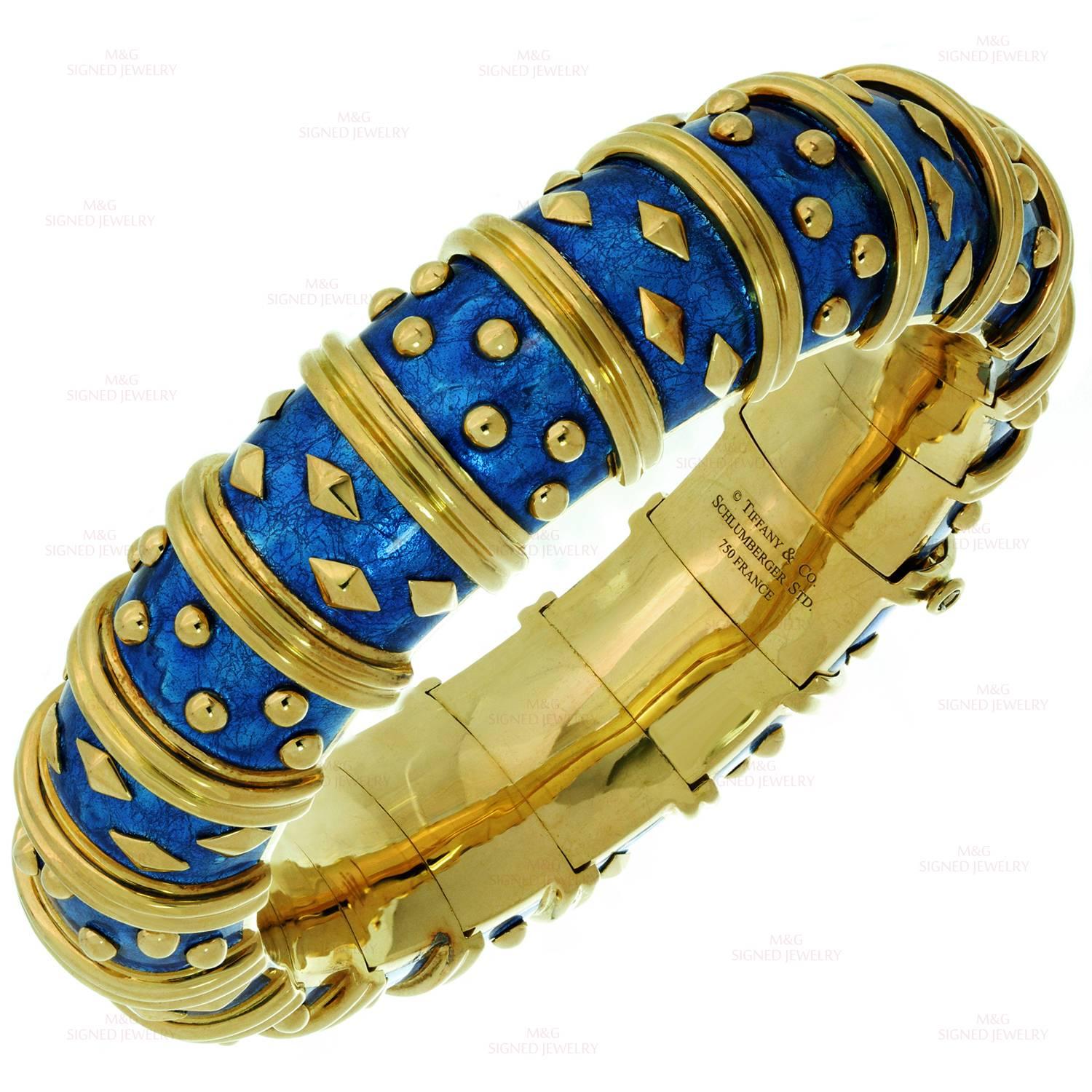 Tiffany & Co. Schlumberger Dot Losange Blue Enamel Gold Bracelet  2