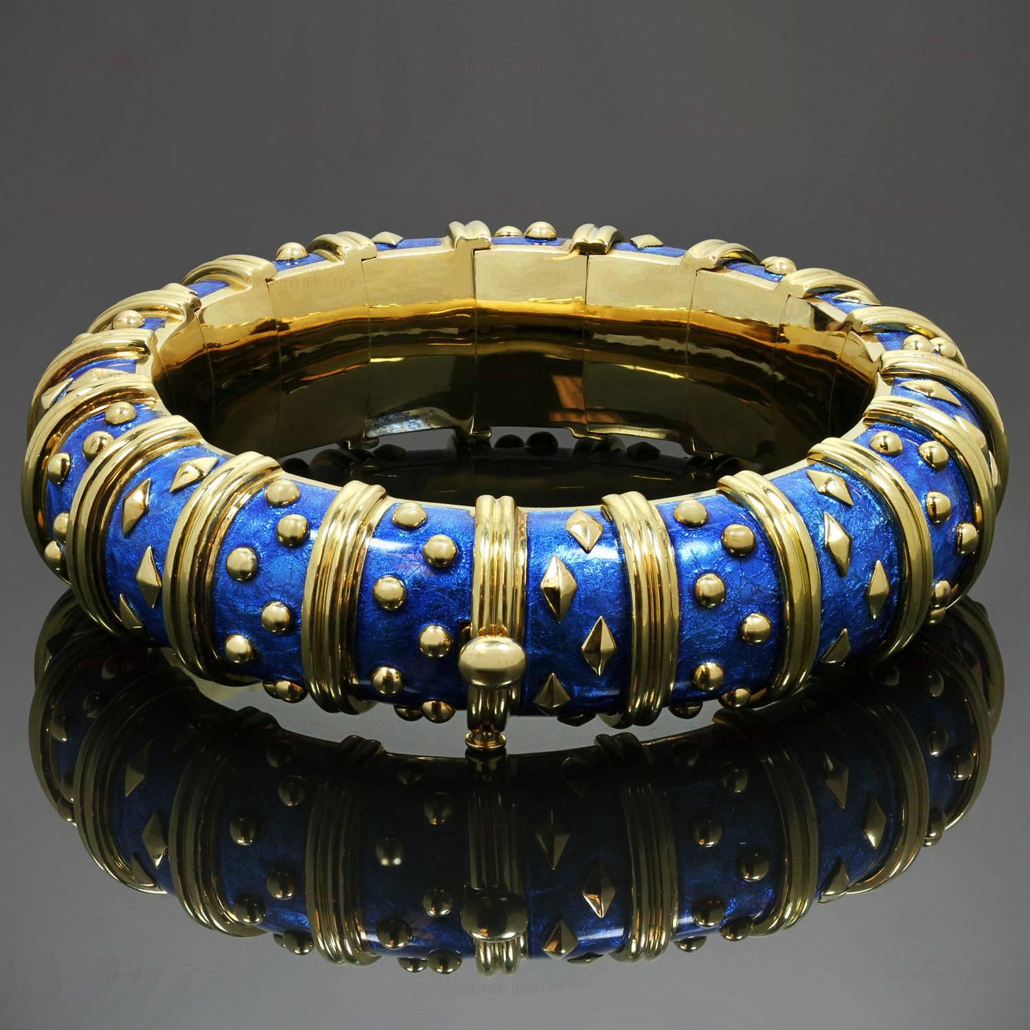 Women's or Men's Tiffany & Co. Schlumberger Dot Losange Blue Enamel Gold Bracelet 