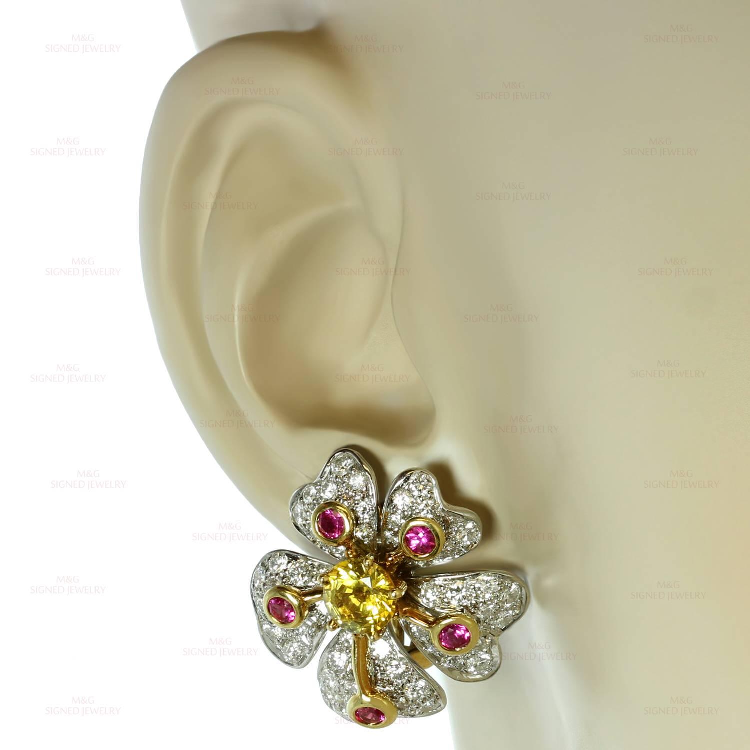 Tiffany & Co. Anemone Flower Pink Yellow Sapphire Diamond Platinum Earrings In Excellent Condition In New York, NY