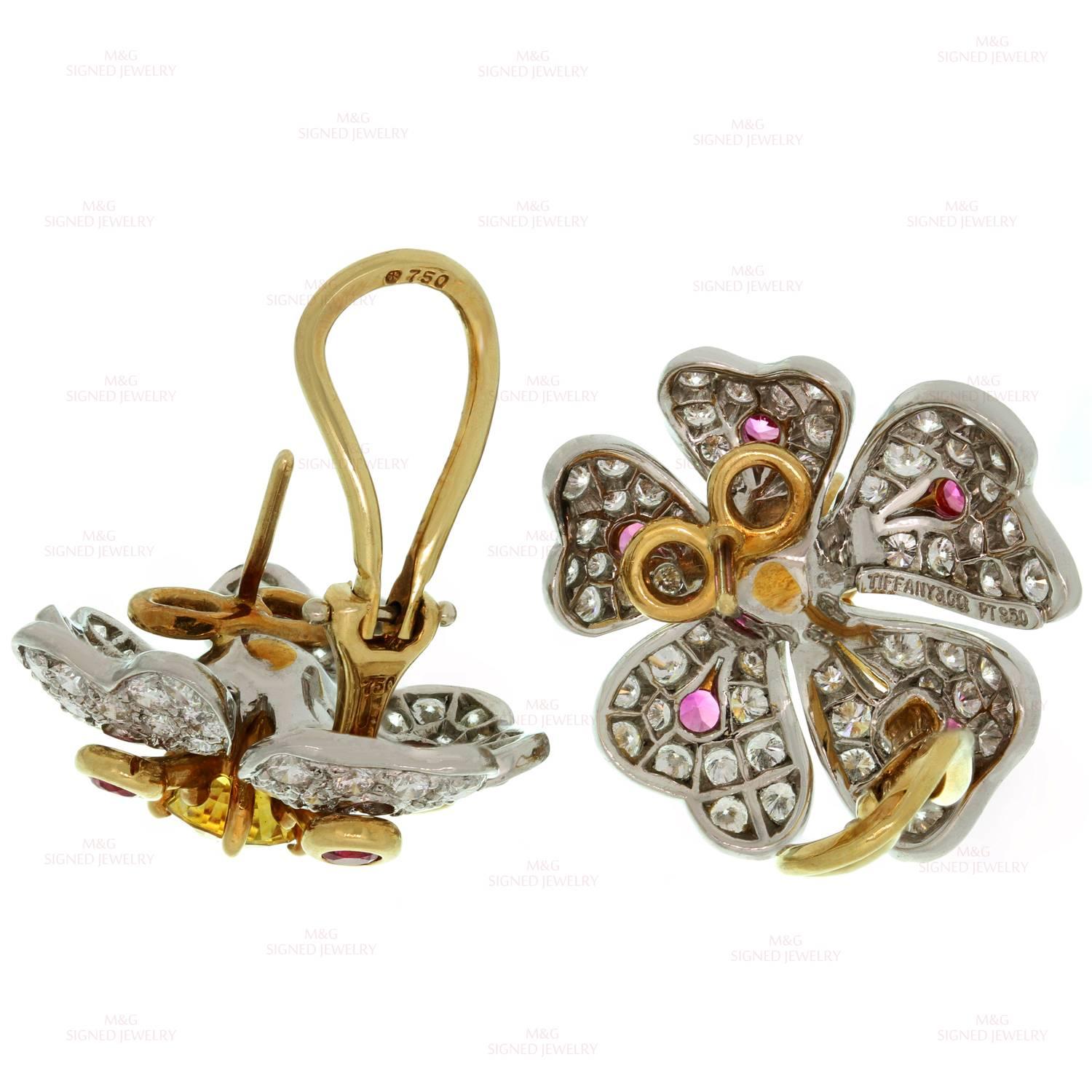 Tiffany & Co. Anemone Flower Pink Yellow Sapphire Diamond Platinum Earrings 2