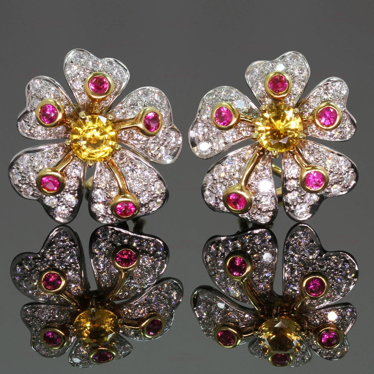 Women's Tiffany & Co. Anemone Flower Pink Yellow Sapphire Diamond Platinum Earrings