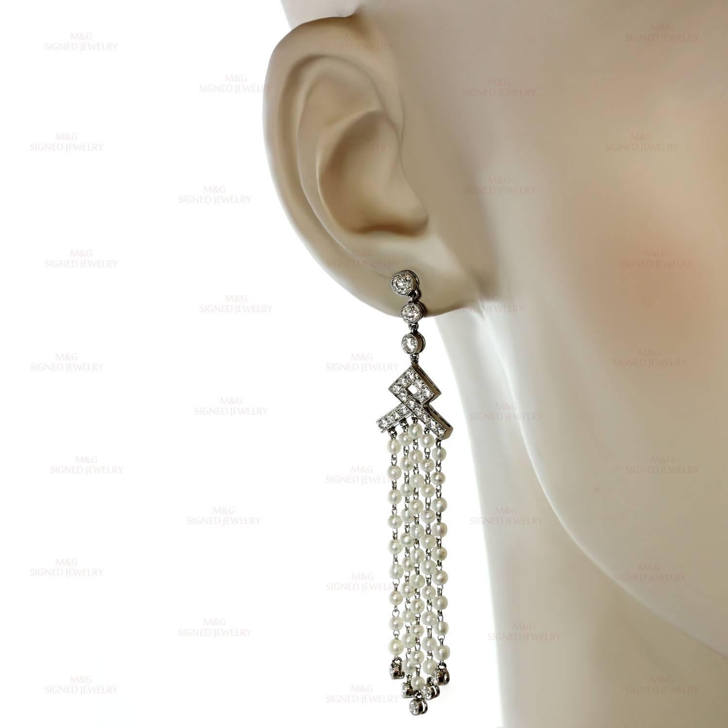 Tiffany & Co. Seed Pearl Diamond Platinum Drop Earrings In Excellent Condition In New York, NY