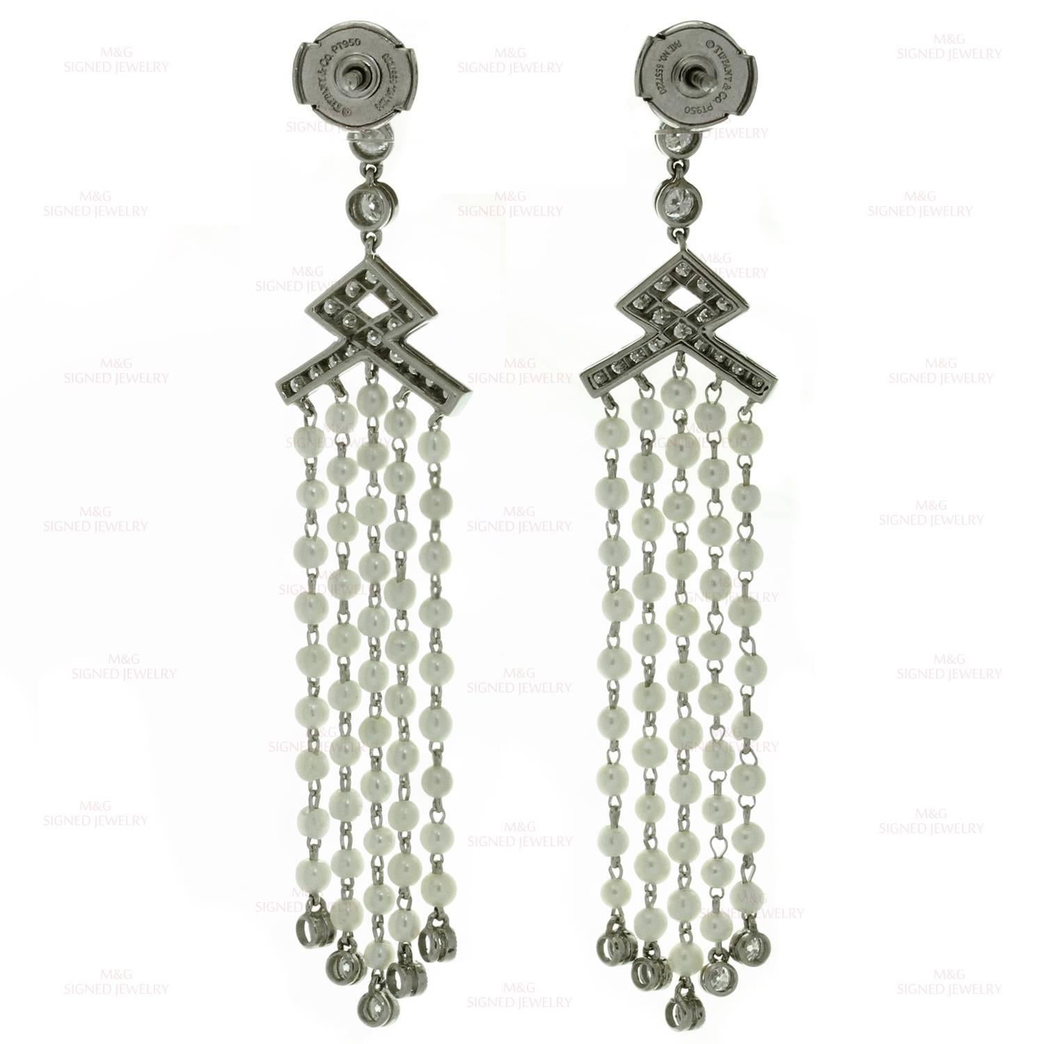 Tiffany & Co. Seed Pearl Diamond Platinum Drop Earrings 1