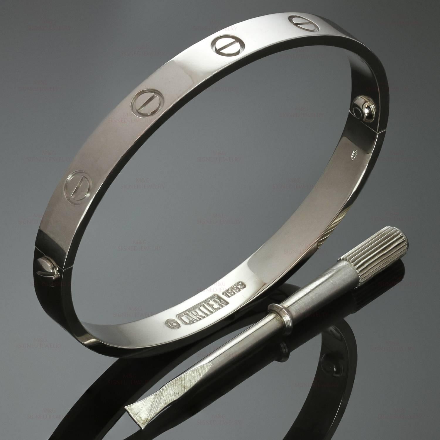 This classic Cartier bangle from the iconic Love collection is made in 18k white gold and comes with the original screwdriver. This bracelet is a size 17. Made in France circa 1993. . 