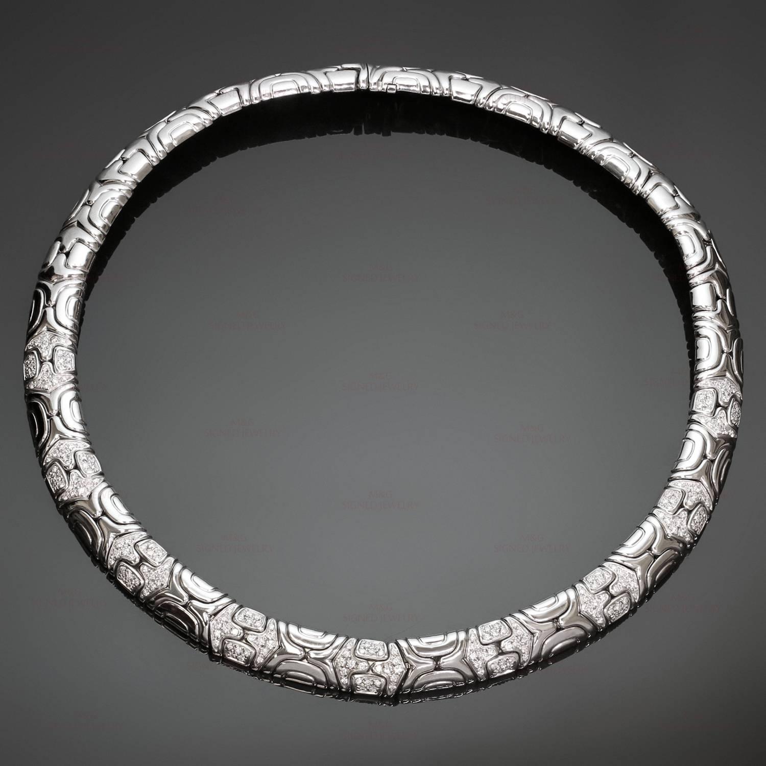 This stunning Bulgari necklace from the iconic Parenthesis collection features geometric links crafted in 18k white gold and beautifully pave-set with 216 round brilliant-cut diamonds of an estimated 4.30 carats. This is the small model of the