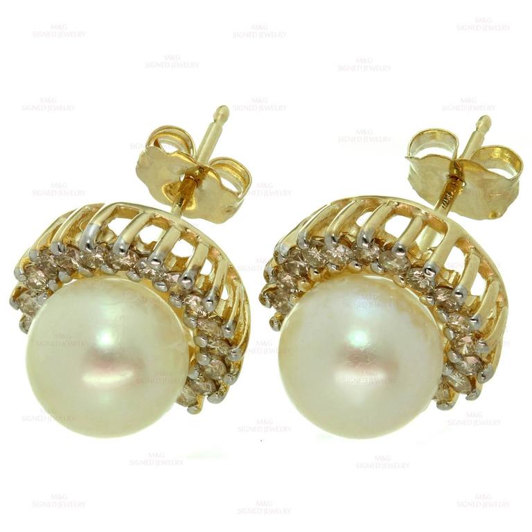 Pearl Diamond Gold Stud Earrings For Sale at 1stdibs