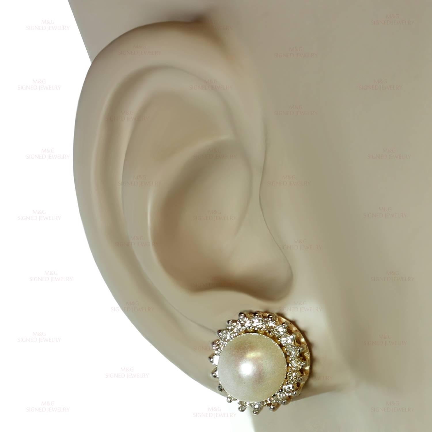Pearl Diamond Gold Stud Earrings In Excellent Condition In New York, NY