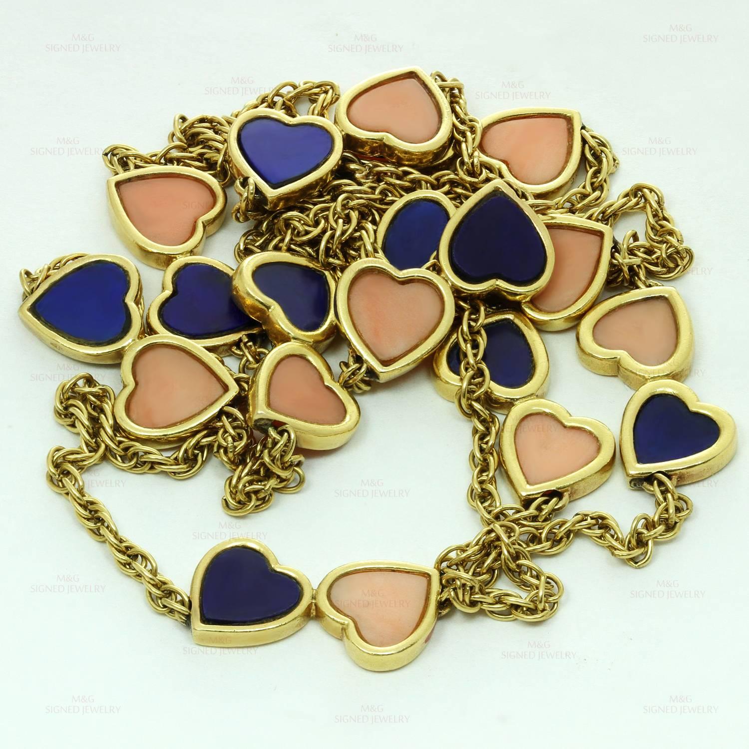 1960s Van Cleef & Arpels Pink Coral Lapis Lazuli Gold Double Hearts Necklace 3