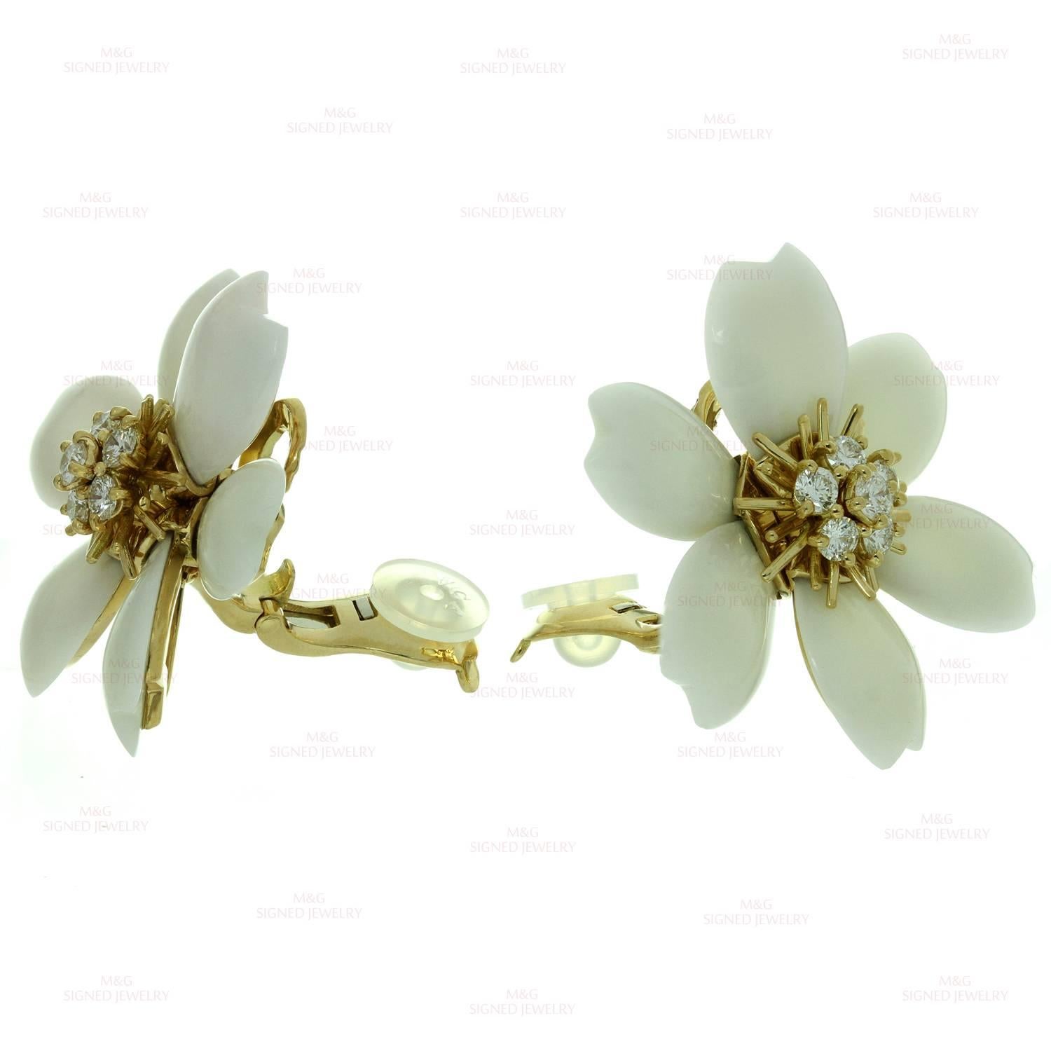 Women's Van Cleef & Arpels Rose De Noel White Coral Diamond Gold Large Earrings